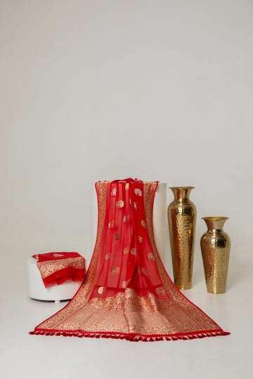 Scarlet Red Georgette Kadhwa Booti and Border Suit Material