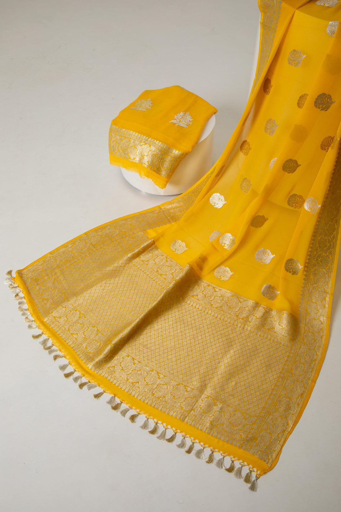 Marigold Yellow Georgette Kadhwa Booti and Border Suit Material
