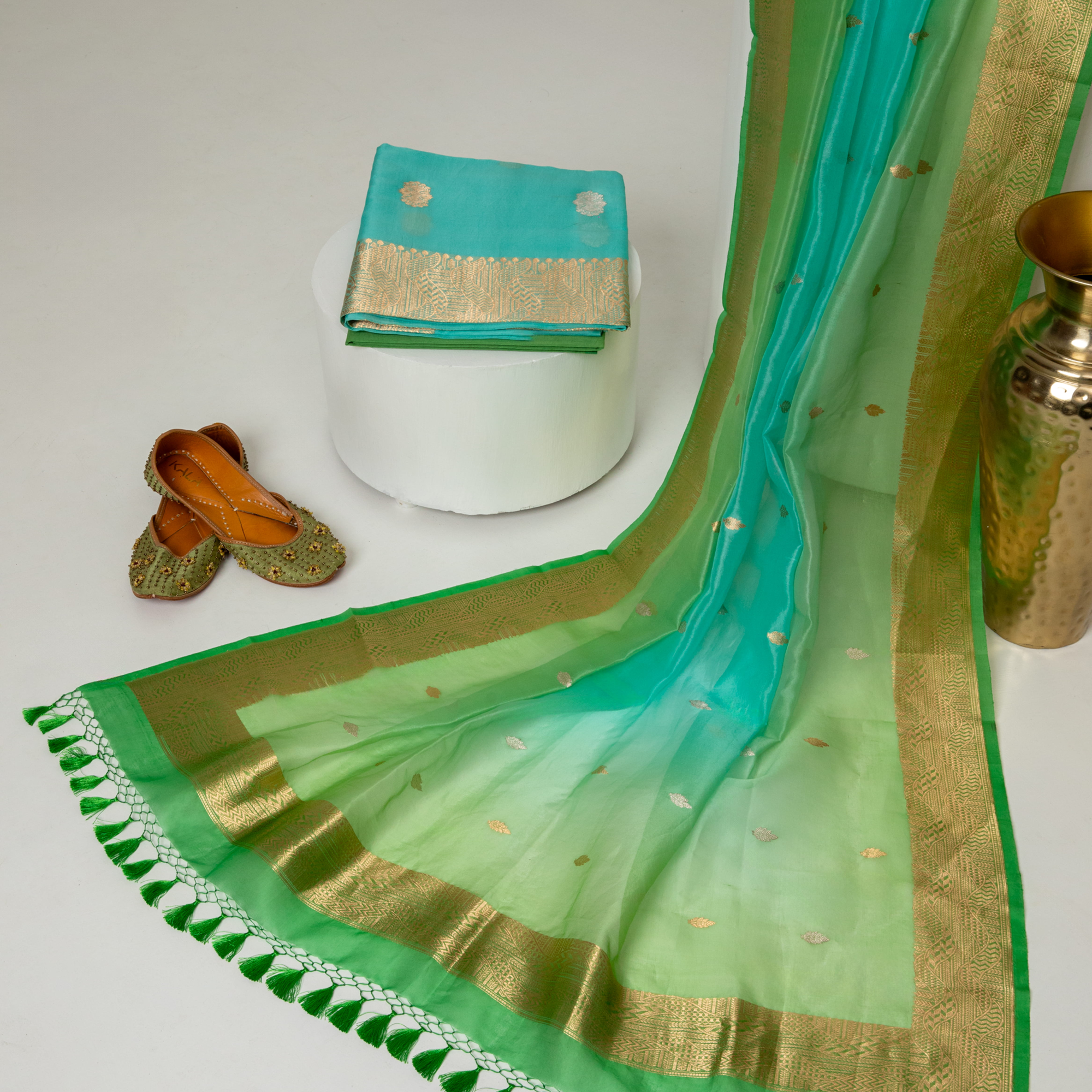 Turquoise andGreen Kora Silk Kadhwa Zari Booti Suit Material