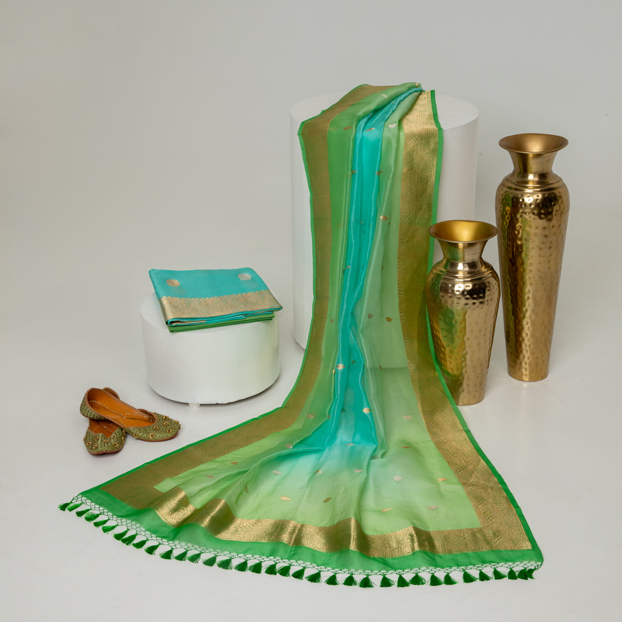 Turquoise andGreen Kora Silk Kadhwa Zari Booti Suit Material