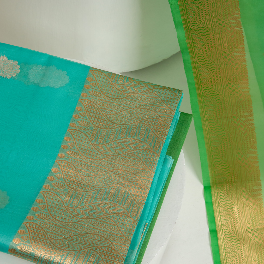 Turquoise andGreen Kora Silk Kadhwa Zari Booti Suit Material