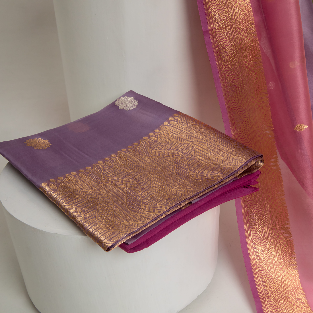 Lavender and Pink Kora Silk Kadhwa Zari Booti Suit Material