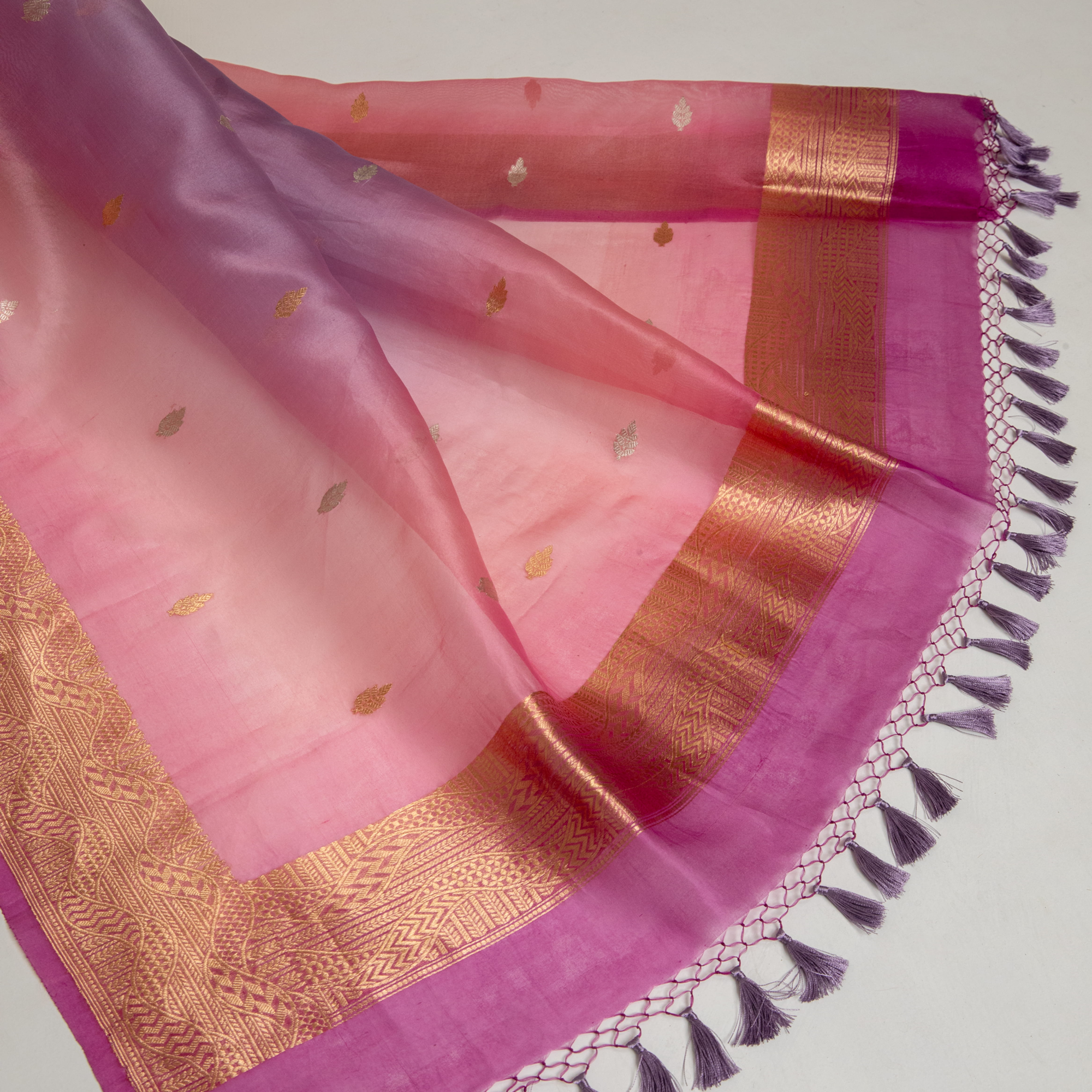 Lavender and Pink Kora Silk Kadhwa Zari Booti Suit Material