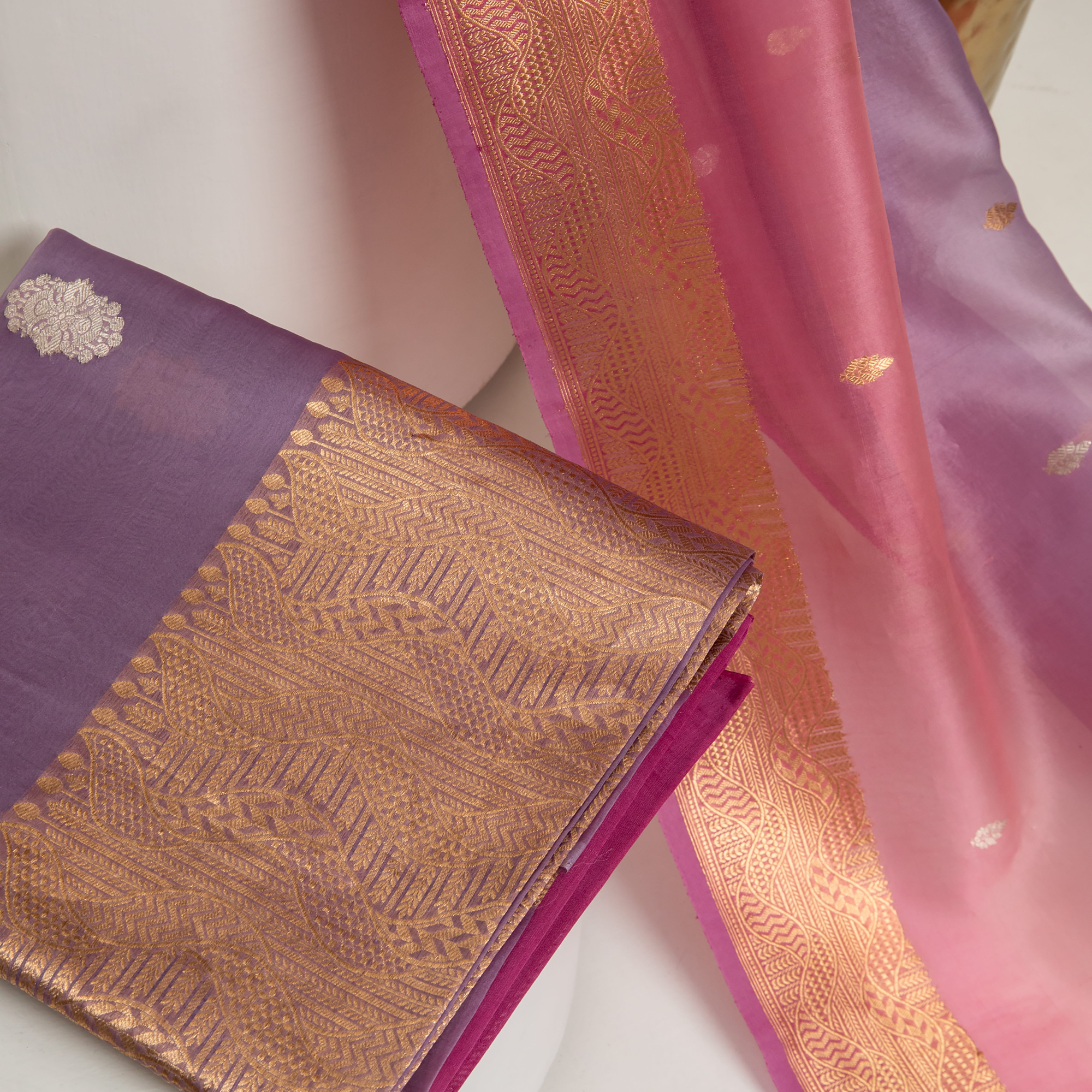 Lavender and Pink Kora Silk Kadhwa Zari Booti Suit Material