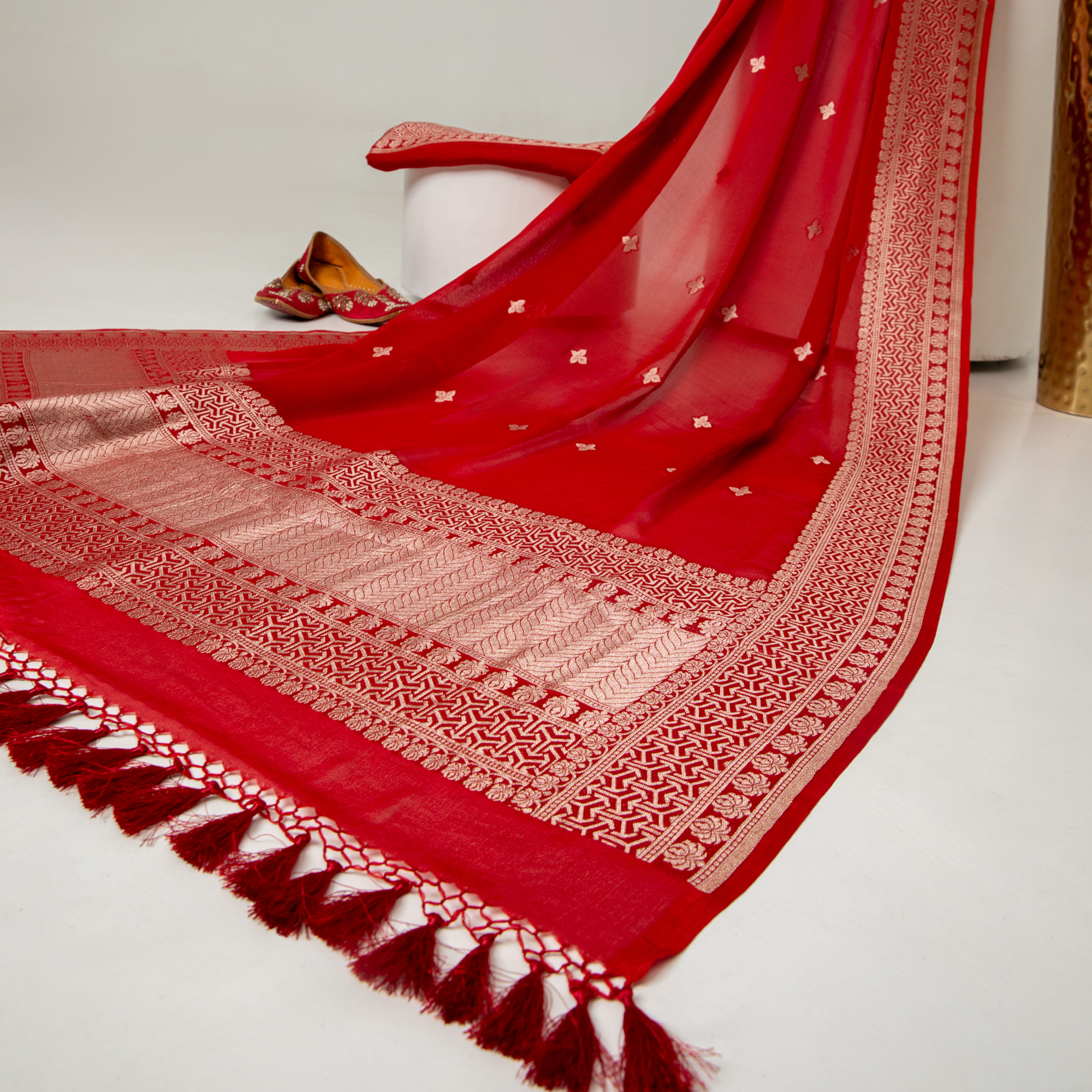 Red Georgette Banarasi Tissue Kurta With Border Booti Dupatta