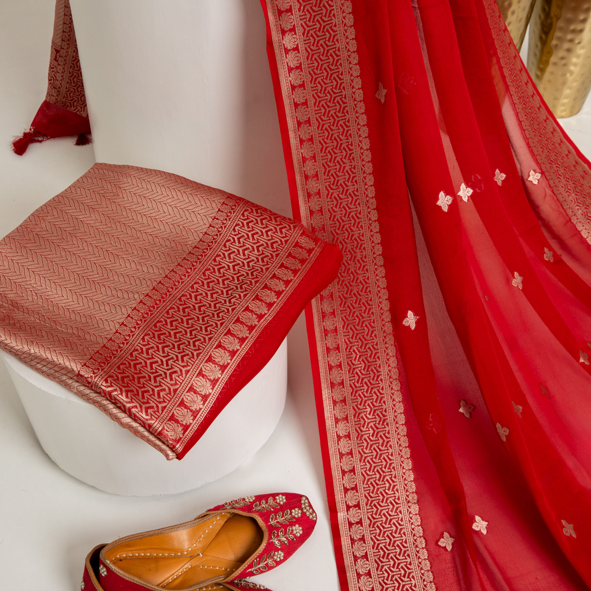 Red Georgette Banarasi Tissue Kurta With Border Booti Dupatta
