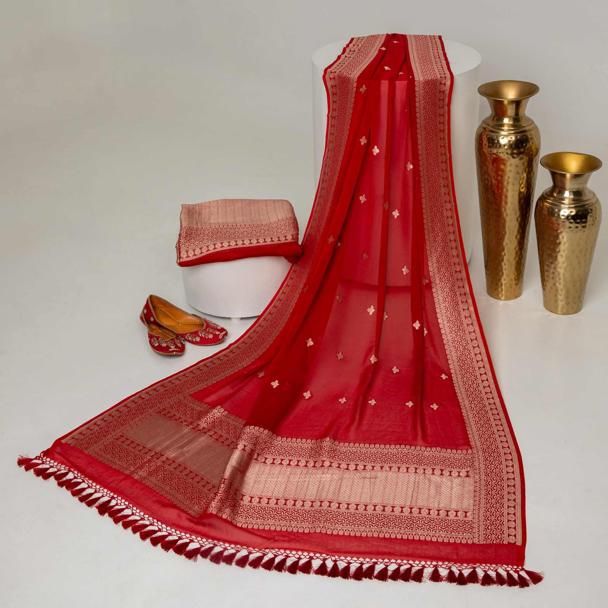 Red Georgette Banarasi Tissue Kurta With Border Booti Dupatta