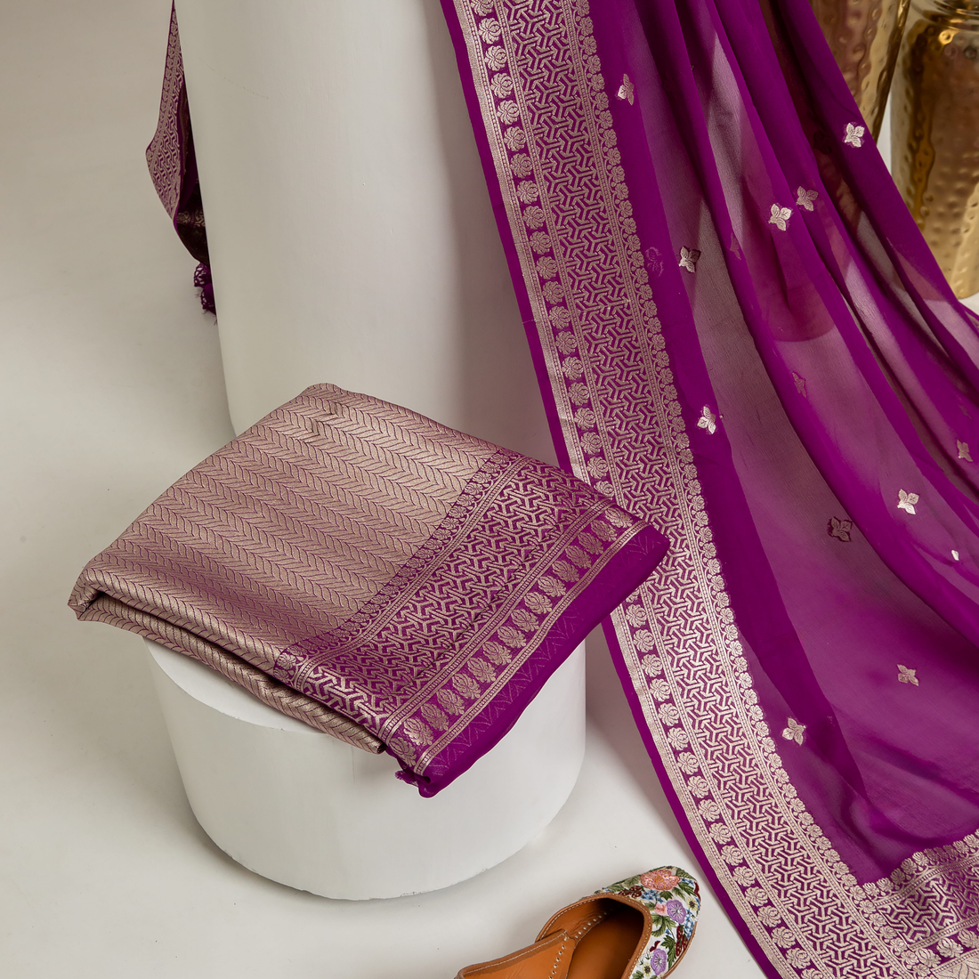 Purple Georgette Banarasi Tissue Kurta With Border Booti Dupatta