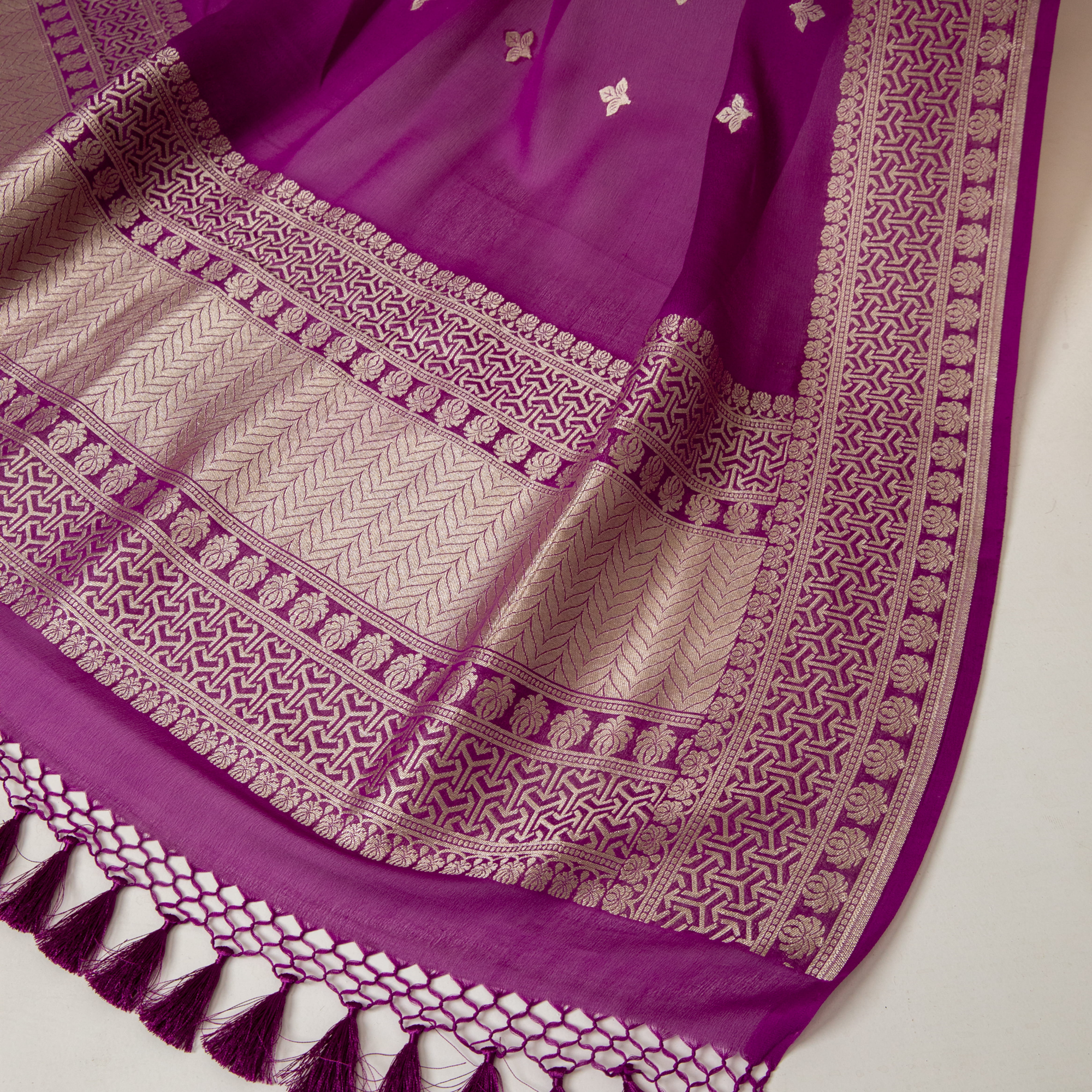 Purple Georgette Banarasi Tissue Kurta With Border Booti Dupatta