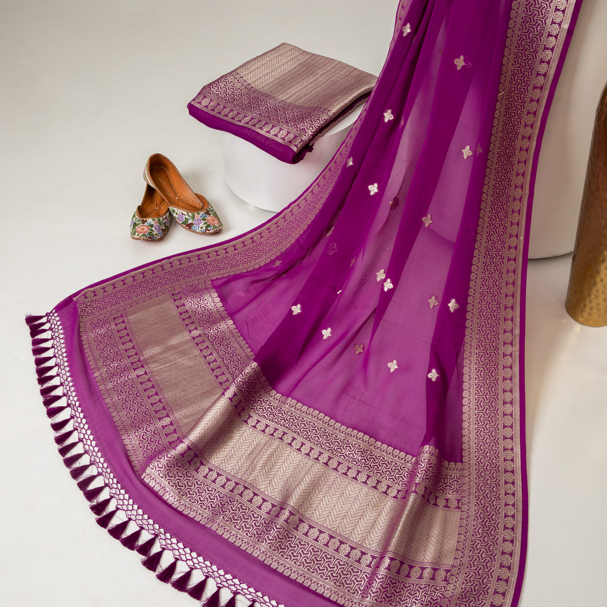 Purple Georgette Banarasi Tissue Kurta With Border Booti Dupatta