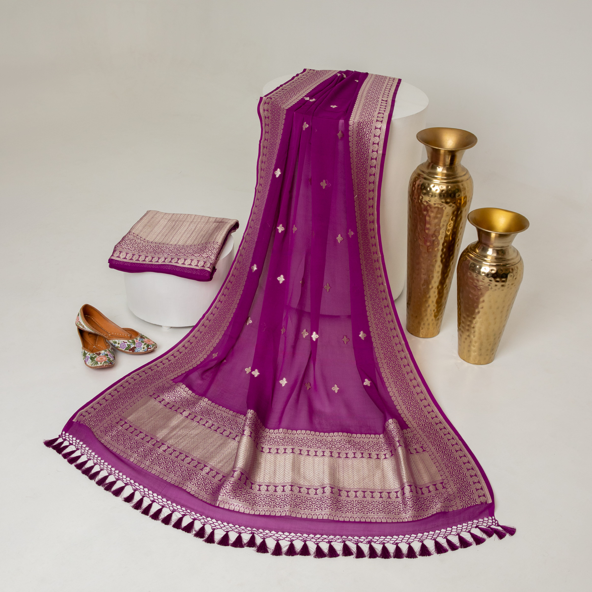 Purple Georgette Banarasi Tissue Kurta With Border Booti Dupatta