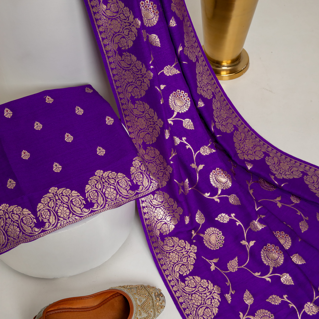 Purple Moonga silk Jaal and Booti in neemzari Weaving two piece suit material