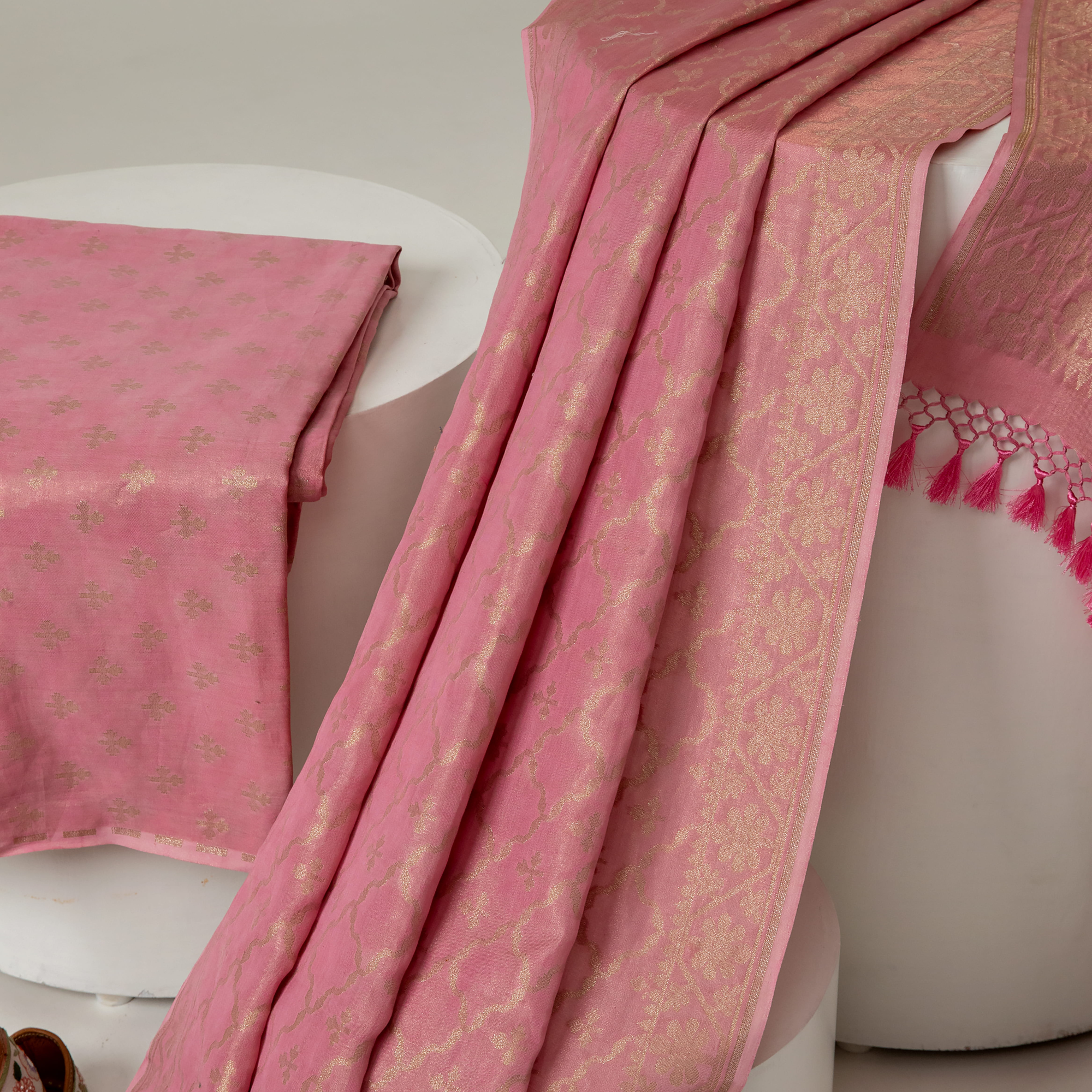 Carrot Pink Soft Cotton Tissue  Zari Booti Kurta with Jaal Dupatta