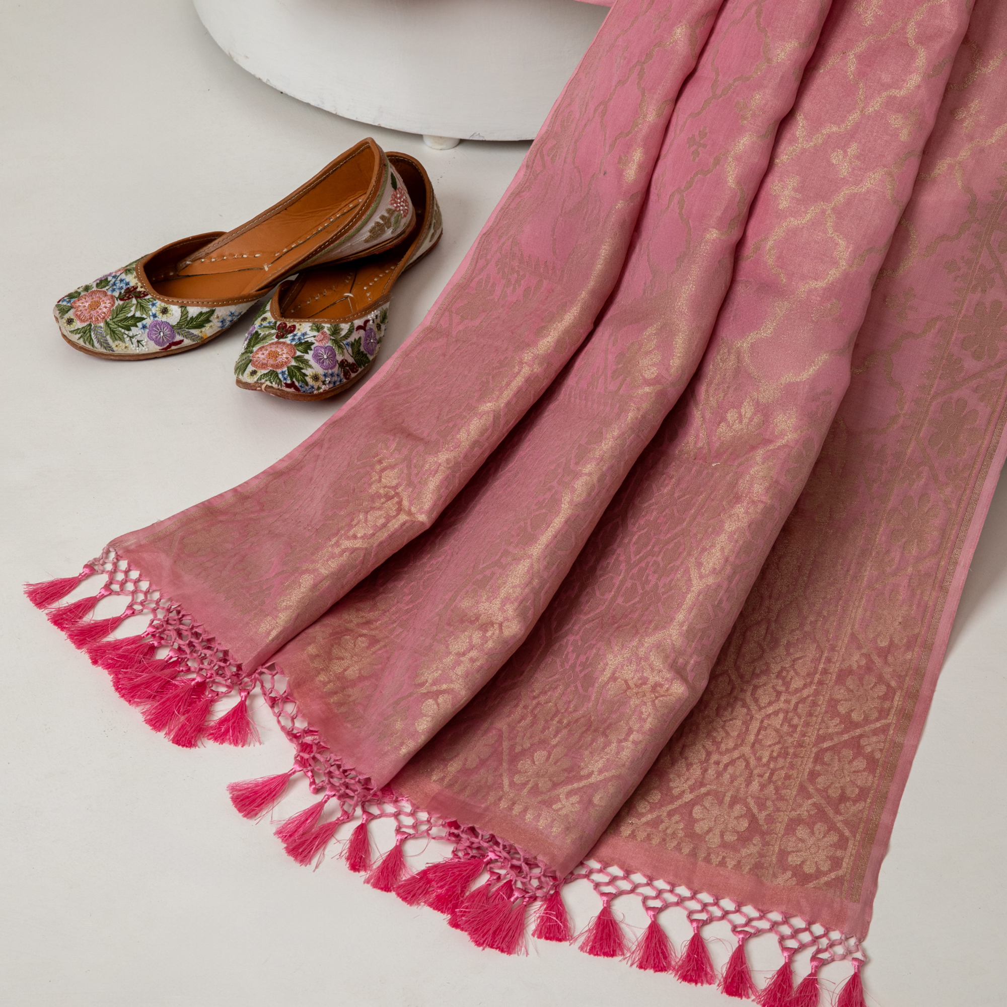Carrot Pink Soft Cotton Tissue  Zari Booti Kurta with Jaal Dupatta