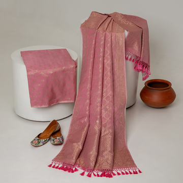 Carrot Pink Soft Cotton Tissue  Zari Booti Kurta with Jaal Dupatta