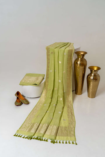 Light Pista Green Banarasi Kadhwa weaving Pure Chiffon Linen Suit