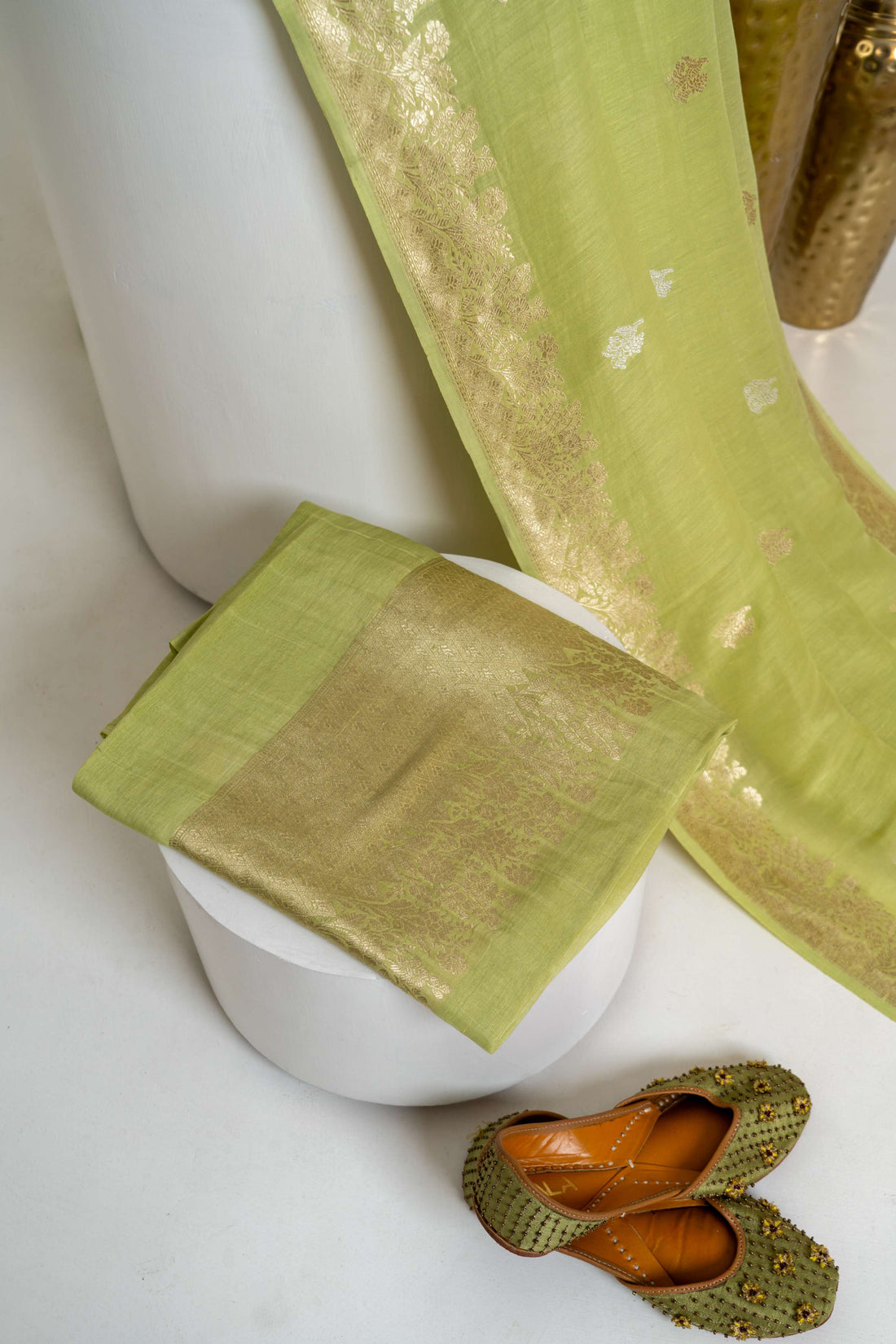 Light Pista Green Banarasi Kadhwa weaving Pure Chiffon Linen Suit