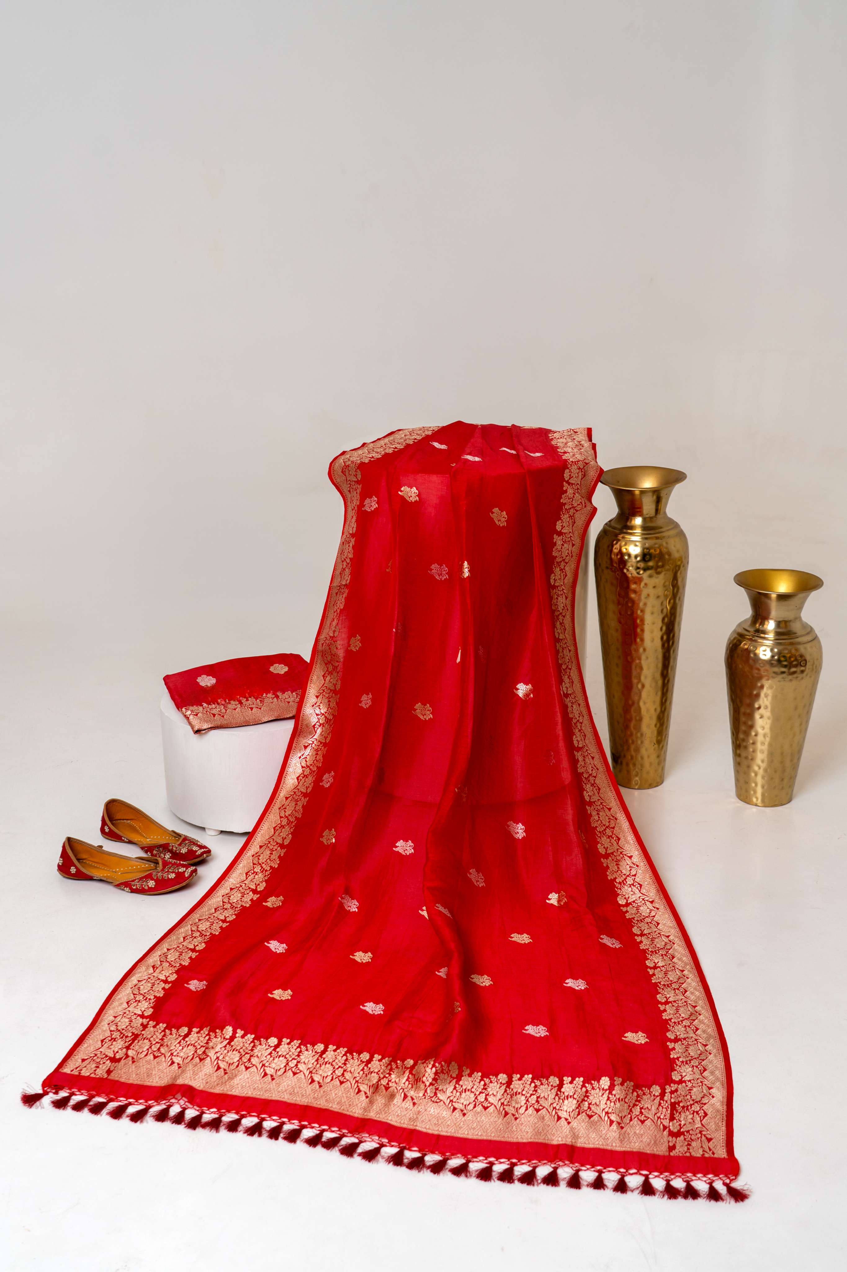 Red Banarasi Kadhwa weaving Pure Chiffon Linen Suit