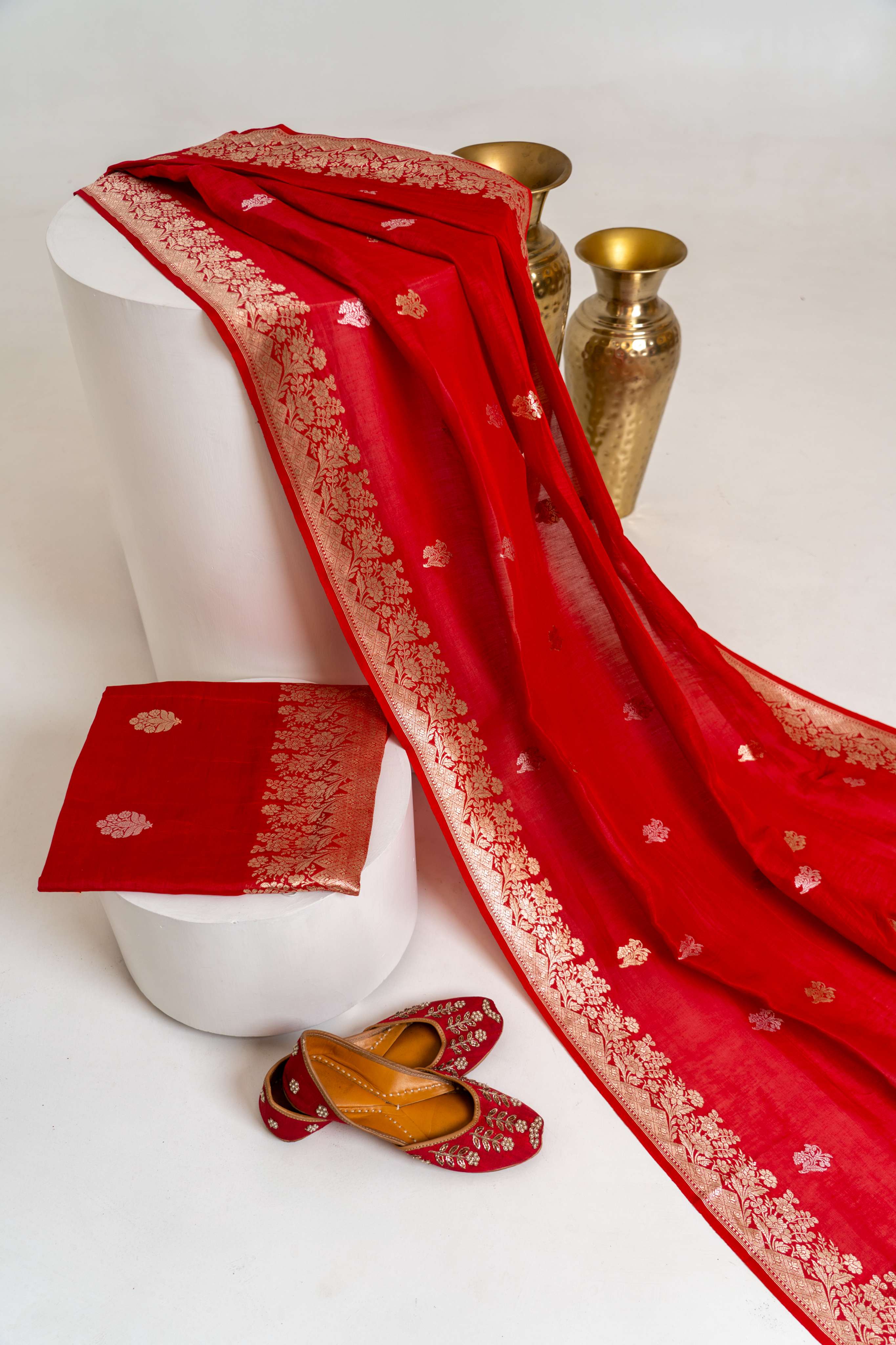 Red Banarasi Kadhwa weaving Pure Chiffon Linen Suit