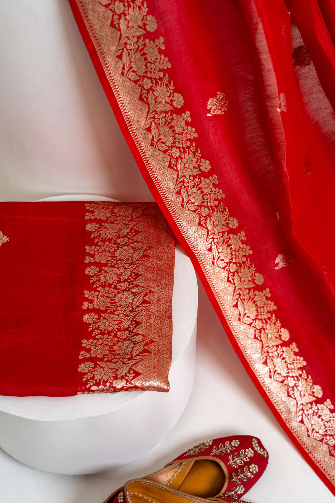 Red Banarasi Kadhwa weaving Pure Chiffon Linen Suit