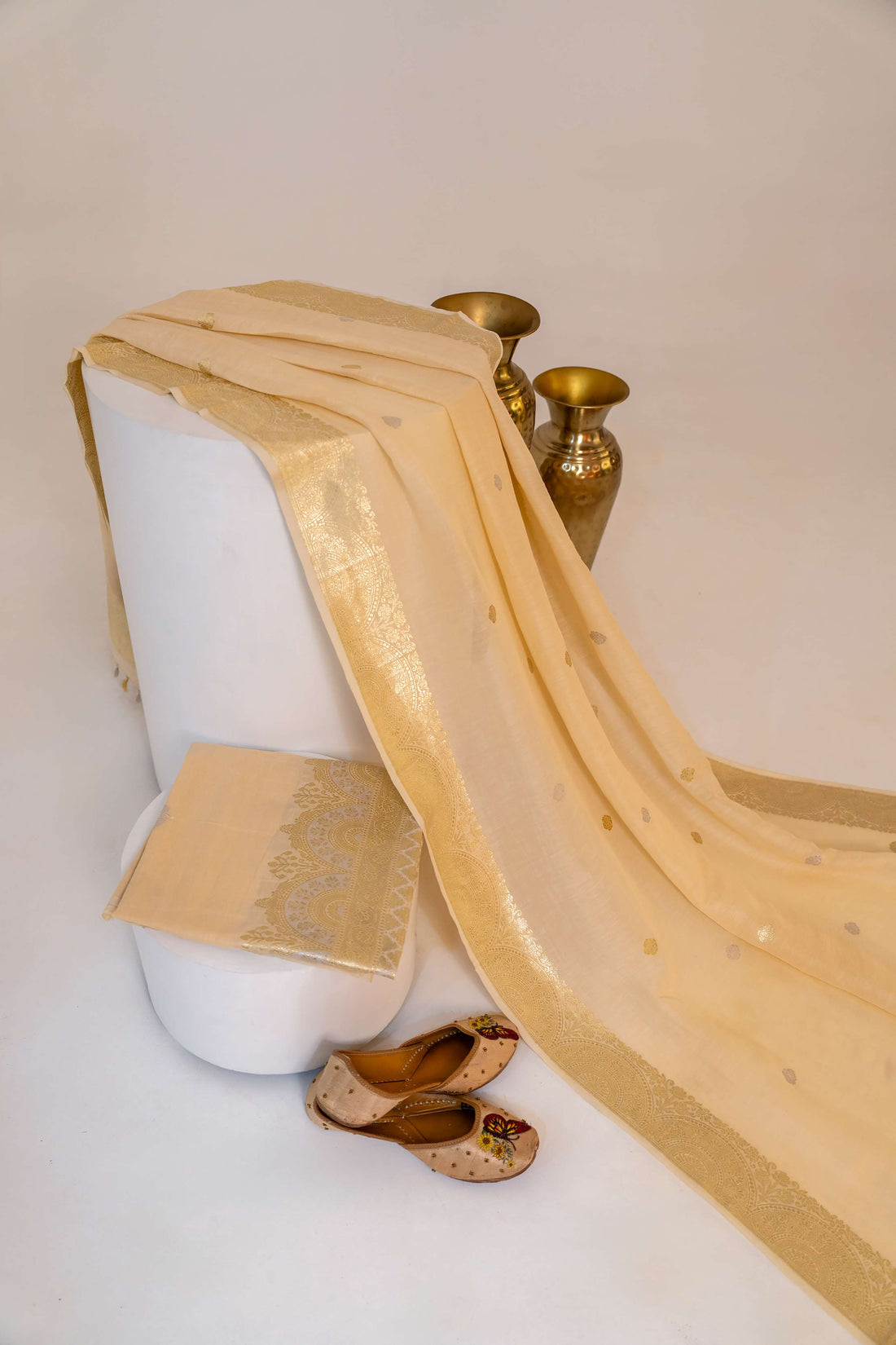 Champagne cream Banarasi Kadhwa weaving Pure Chiffon Linen Suit