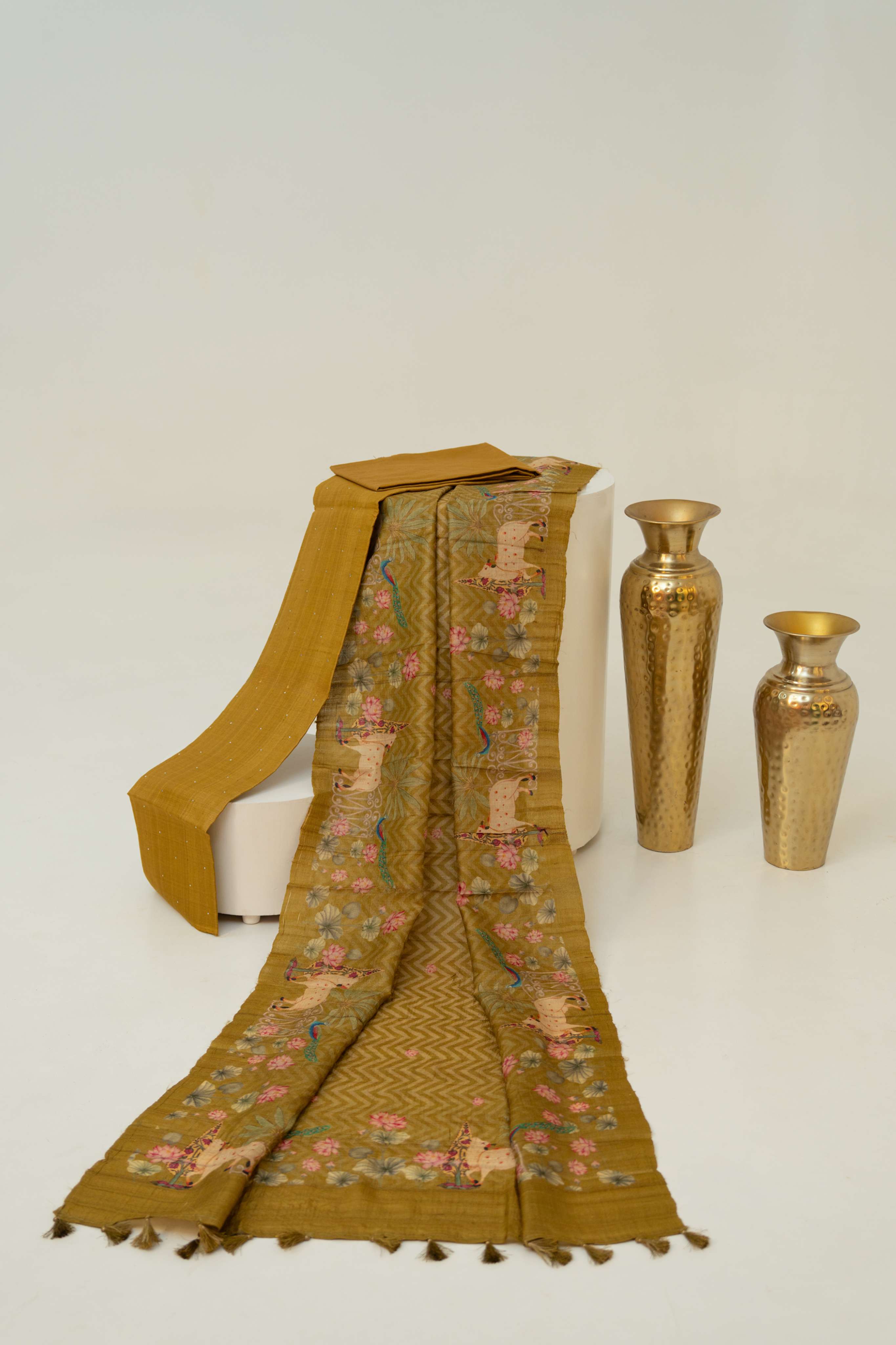 Olive Yellow Mukaish Kurta and  Pichwai Digital Print Dupatta  paired with Plain Bottom