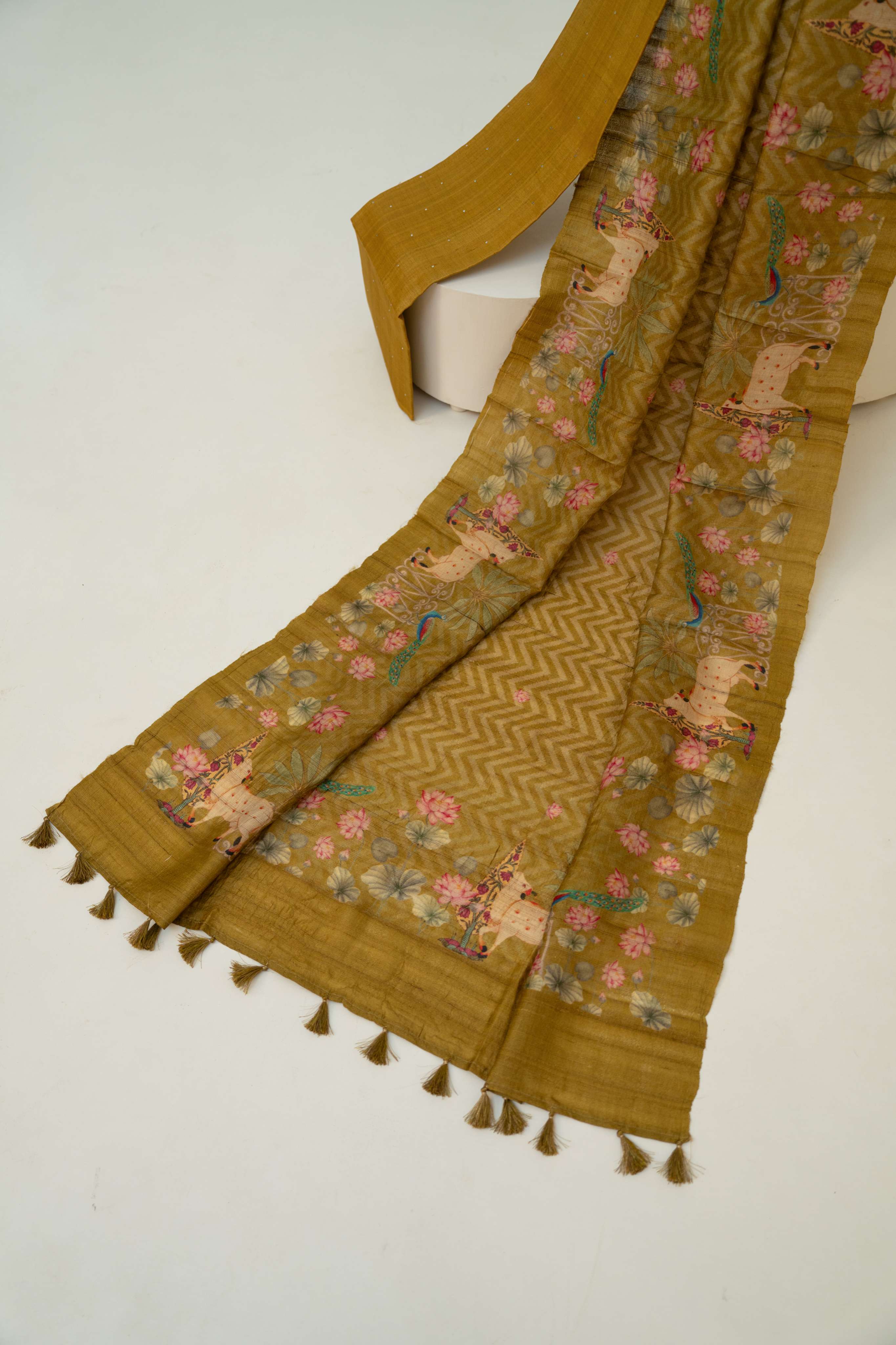 Olive Yellow Mukaish Kurta and  Pichwai Digital Print Dupatta  paired with Plain Bottom