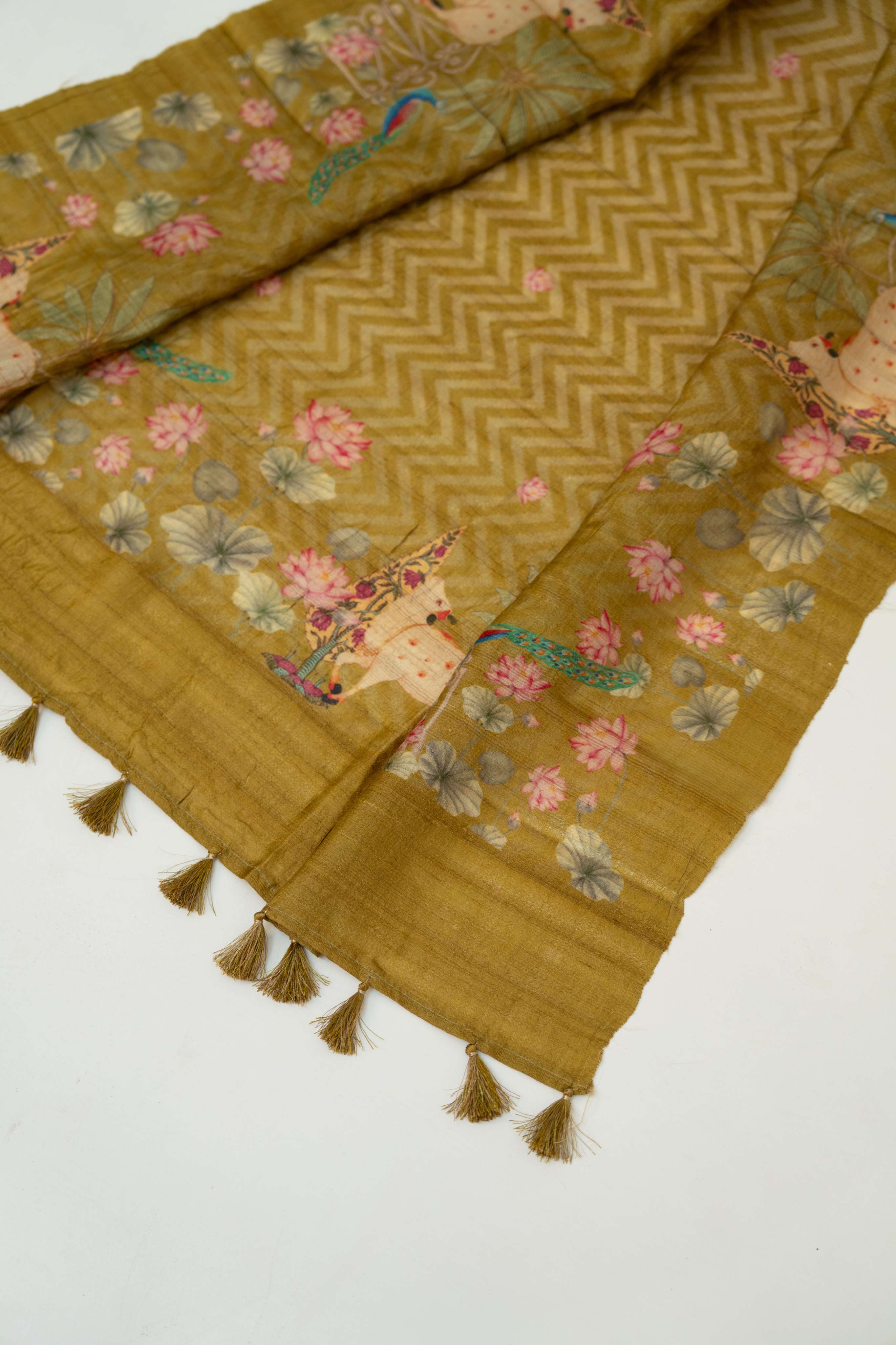 Olive Yellow Mukaish Kurta and  Pichwai Digital Print Dupatta  paired with Plain Bottom