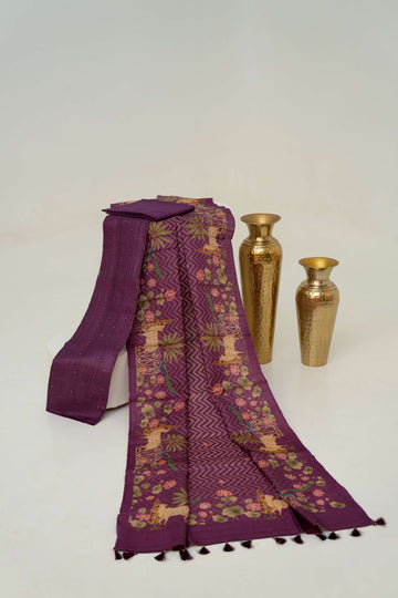 Deep WinePure Mooga Silk  Mukaish Work  Kurta and  Pichwai Digital Print Dupatta paired with Plain Bottom