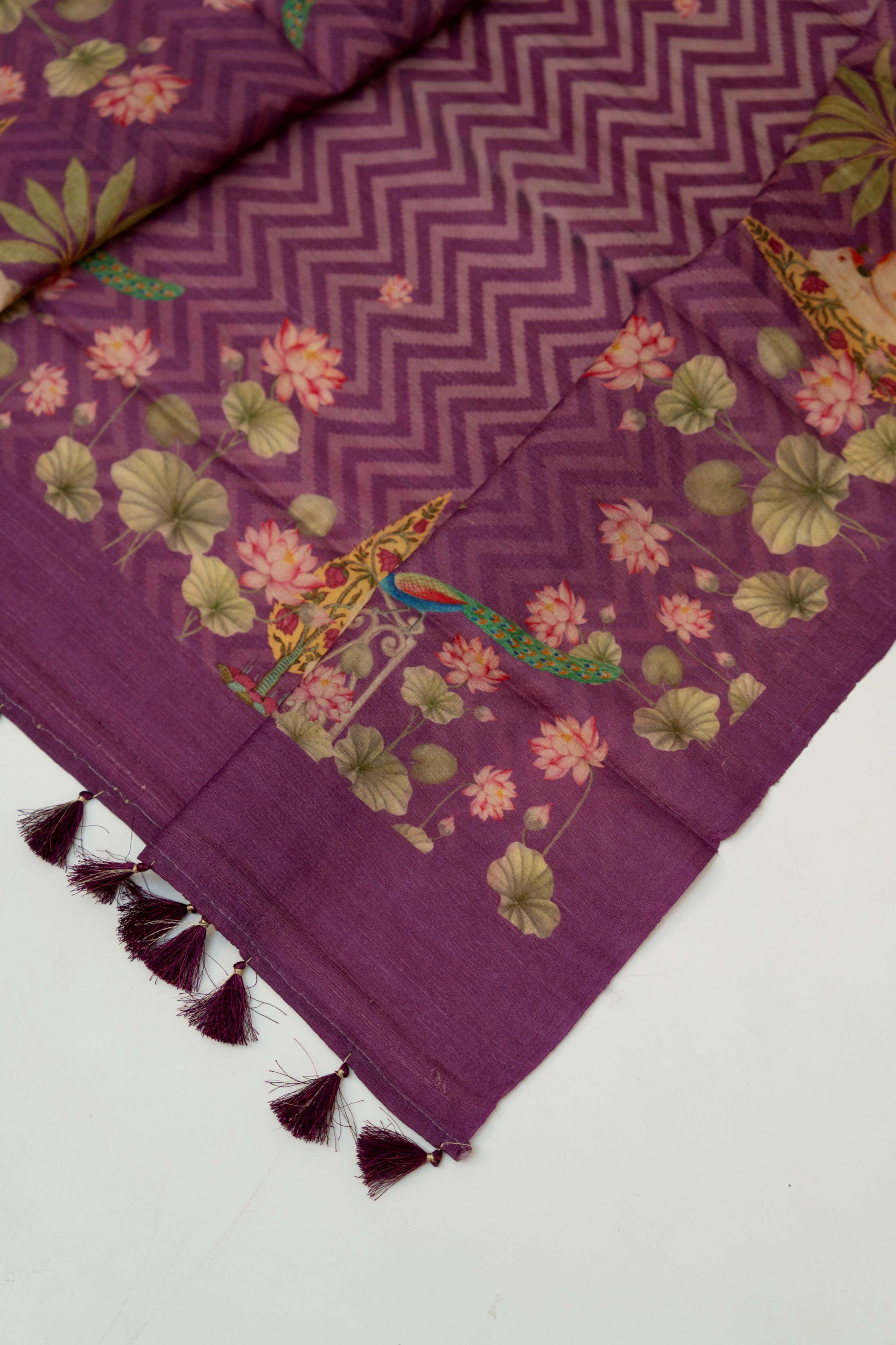 Deep WinePure Mooga Silk  Mukaish Work  Kurta and  Pichwai Digital Print Dupatta paired with Plain Bottom