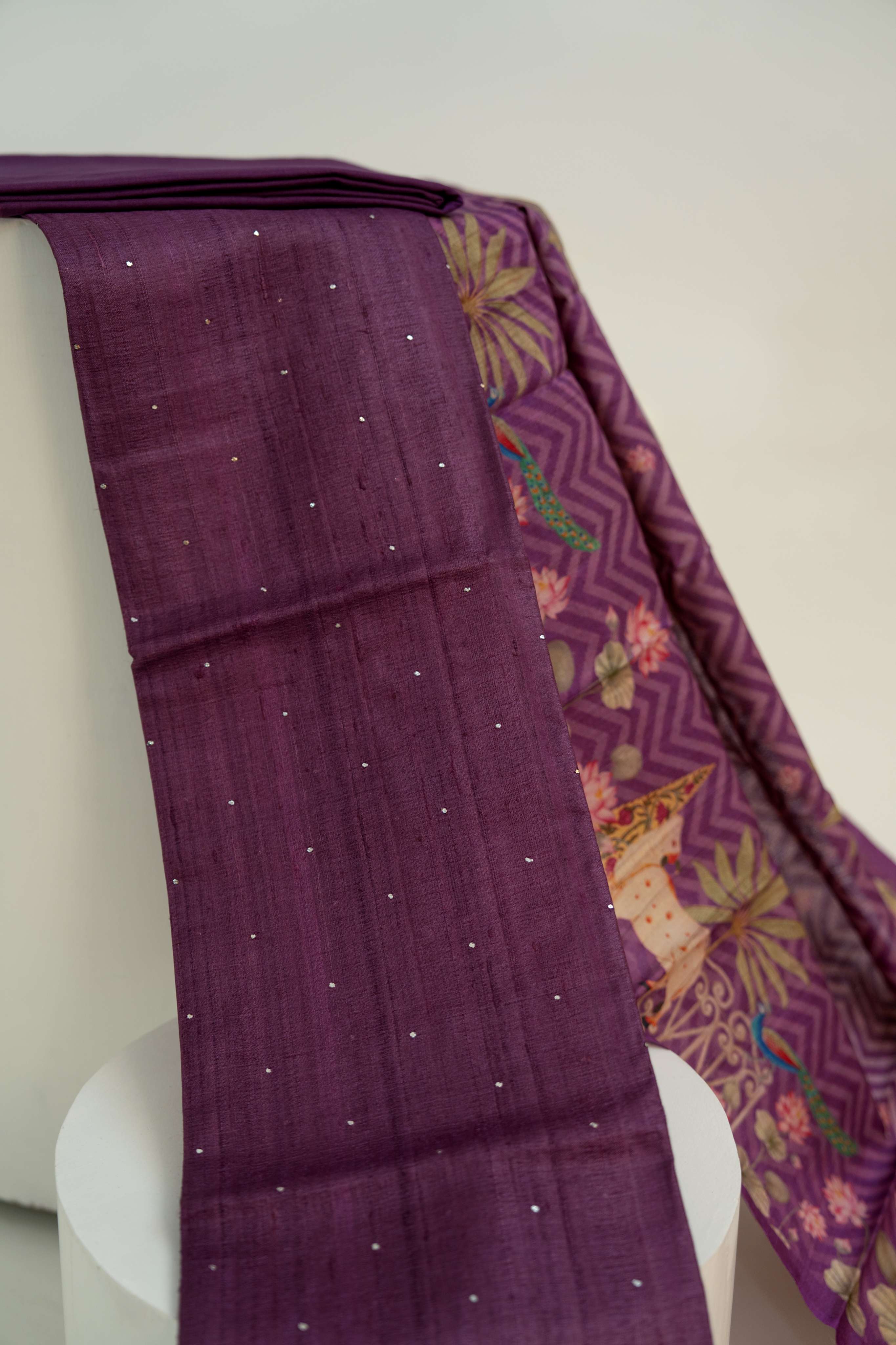 Deep WinePure Mooga Silk  Mukaish Work  Kurta and  Pichwai Digital Print Dupatta paired with Plain Bottom