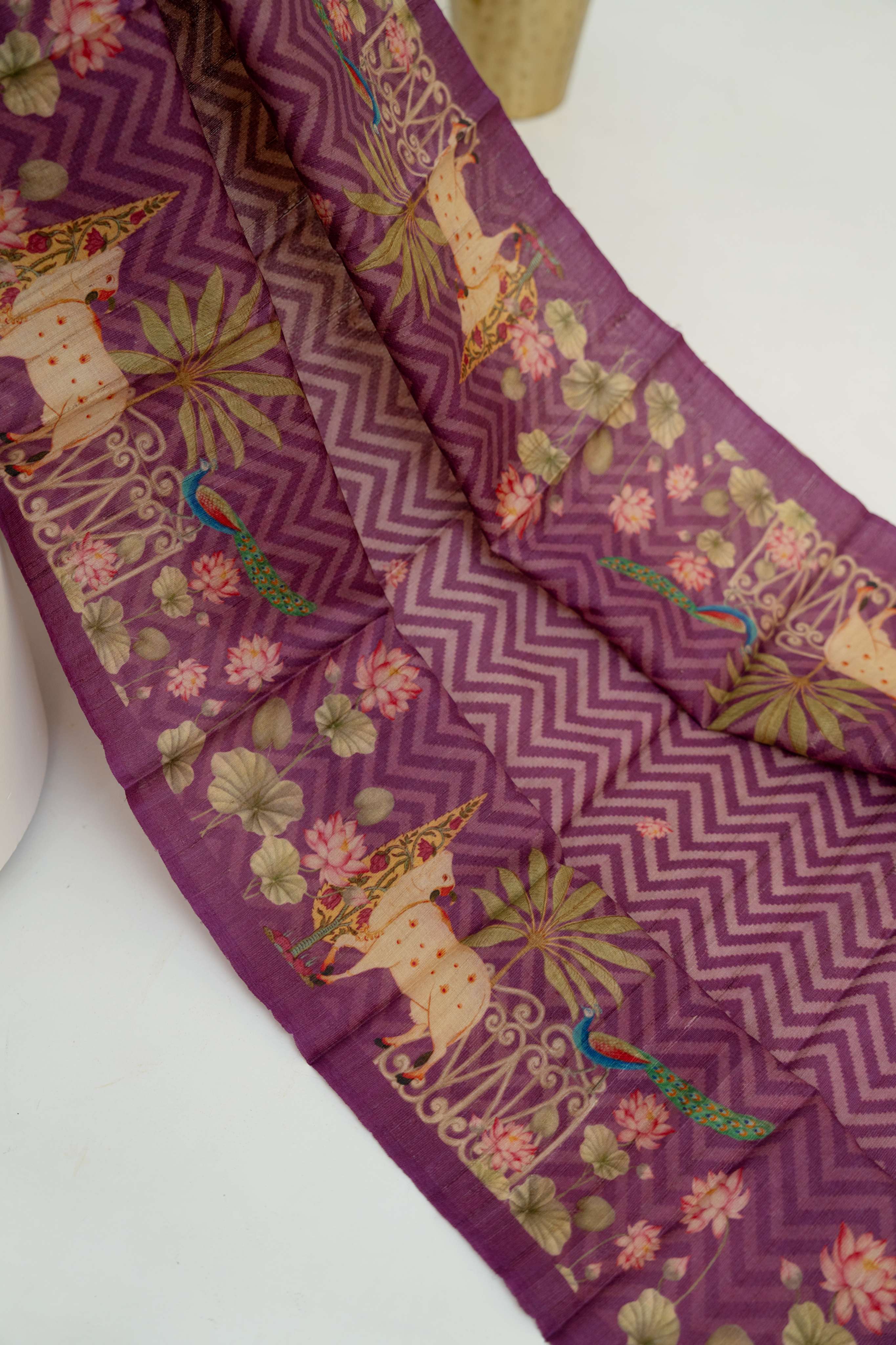 Deep WinePure Mooga Silk  Mukaish Work  Kurta and  Pichwai Digital Print Dupatta paired with Plain Bottom