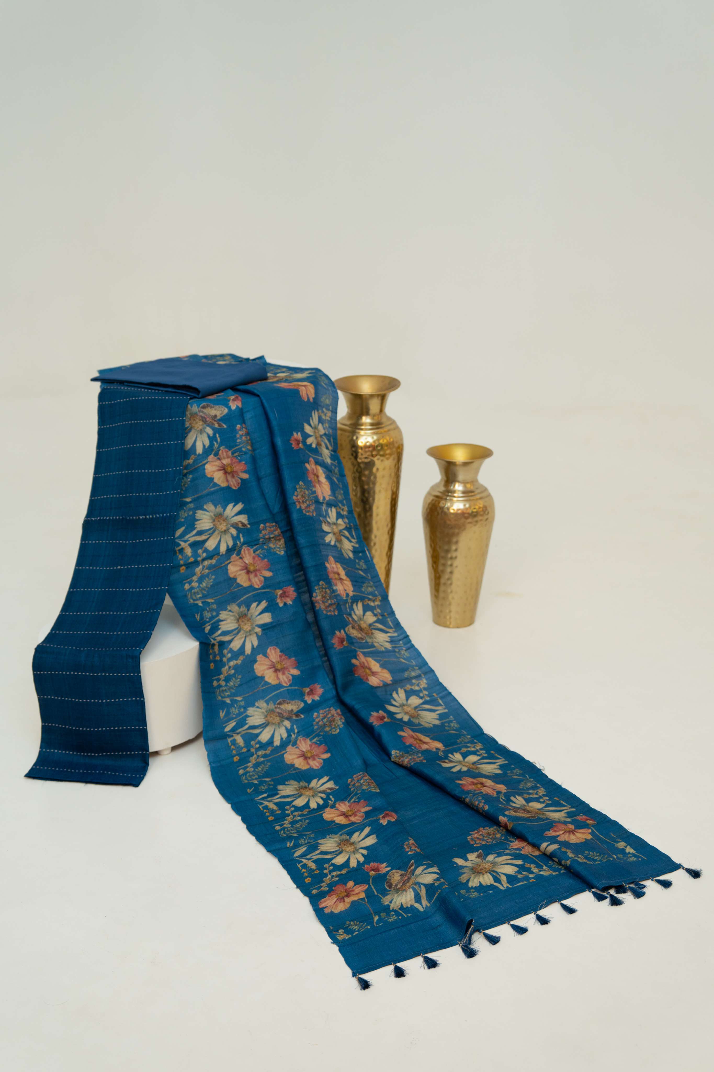 Cobalt Blue Moonga silk Floral Digital Print Suit Material