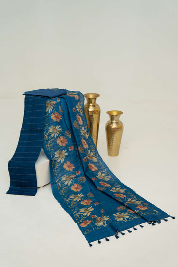 Cobalt Blue Moonga silk Floral Digital Print Suit Material