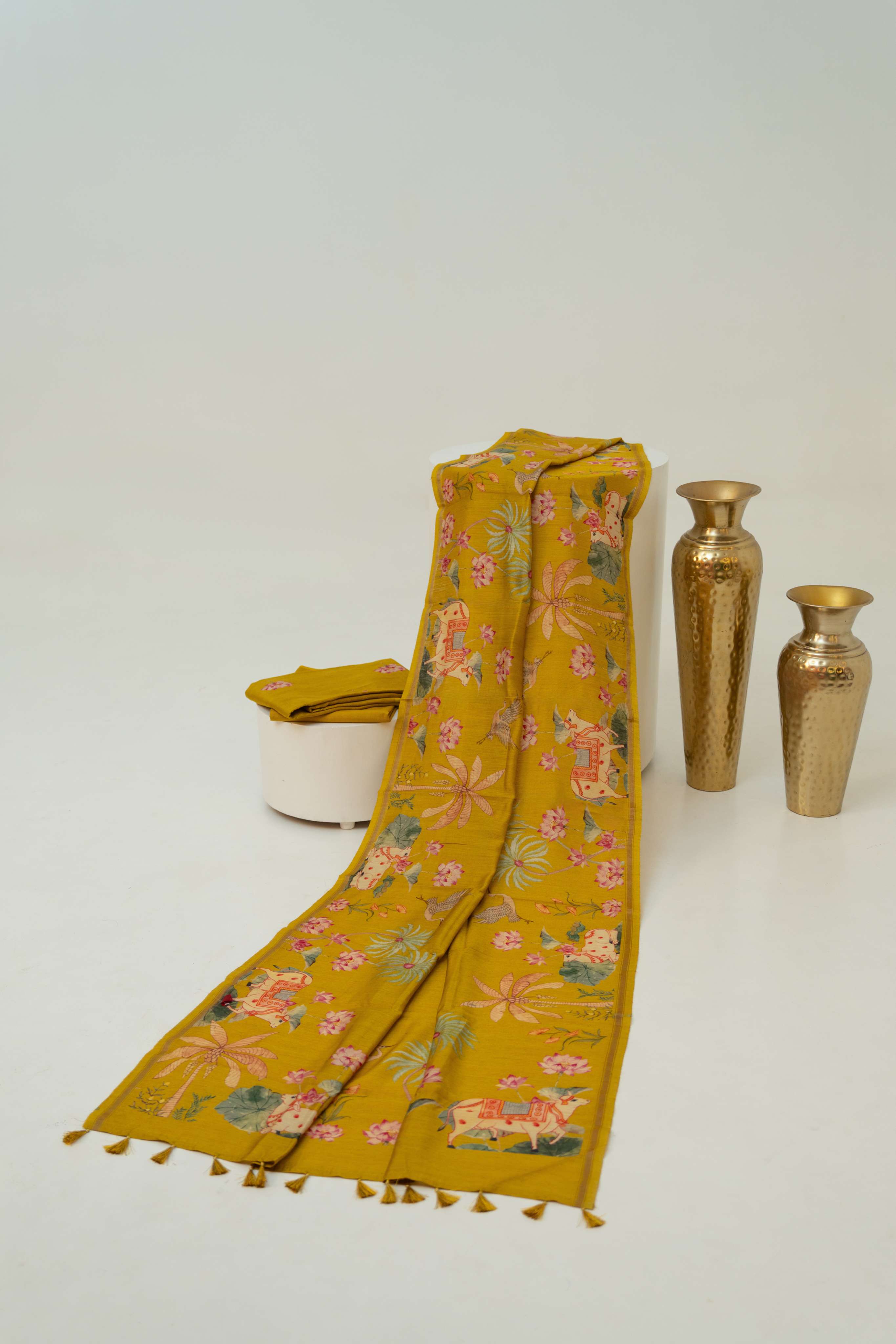 Mustard Yellow Moonga silk Pichwai Digital Print Suit Material