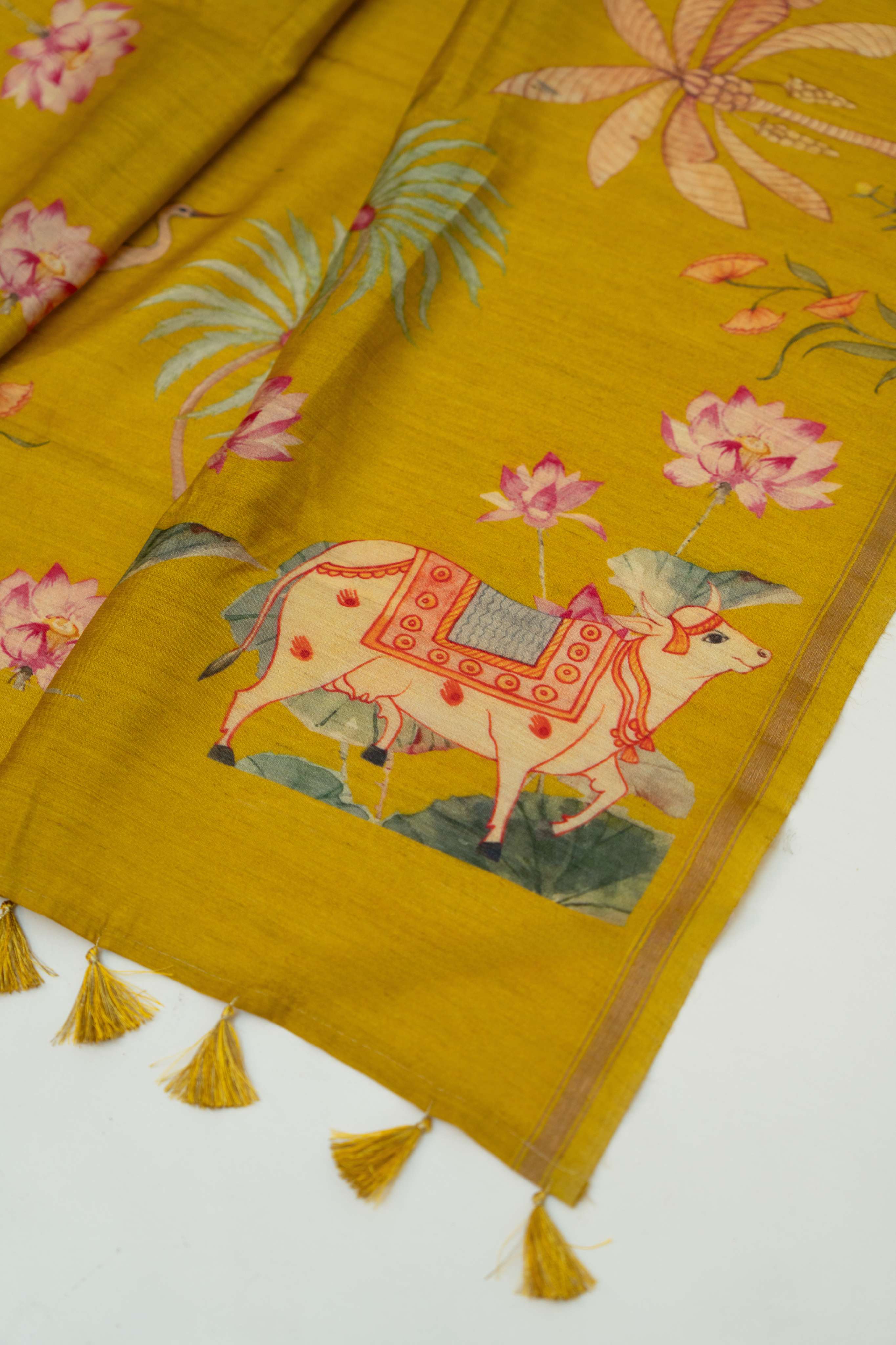 Mustard Yellow Moonga silk Pichwai Digital Print Suit Material