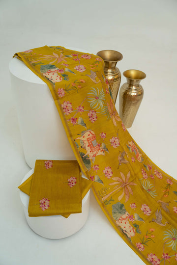 Mustard Yellow Moonga silk Pichwai Digital Print Suit Material