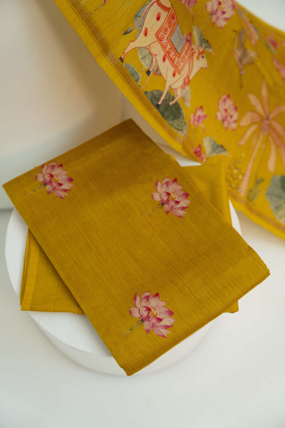 Mustard Yellow Moonga silk Pichwai Digital Print Suit Material