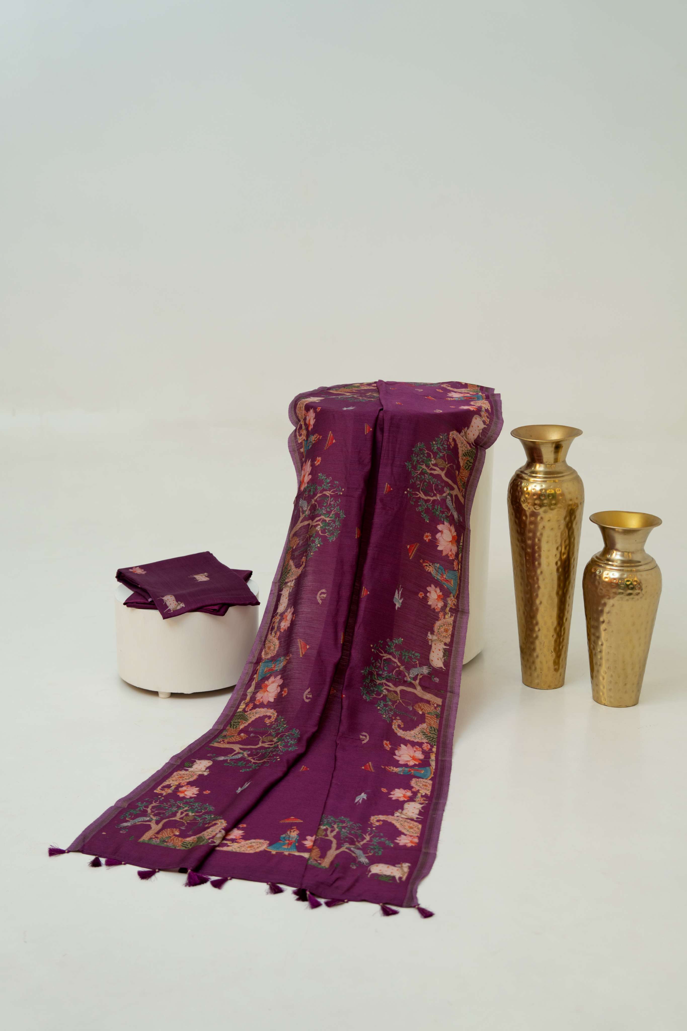 Dark Purple Moonga silk Pichwai Digital Print Suit Material