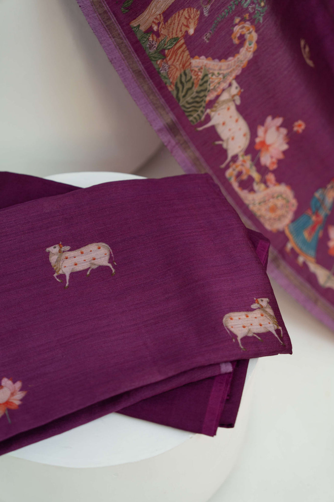 Dark Purple Moonga silk Pichwai Digital Print Suit Material