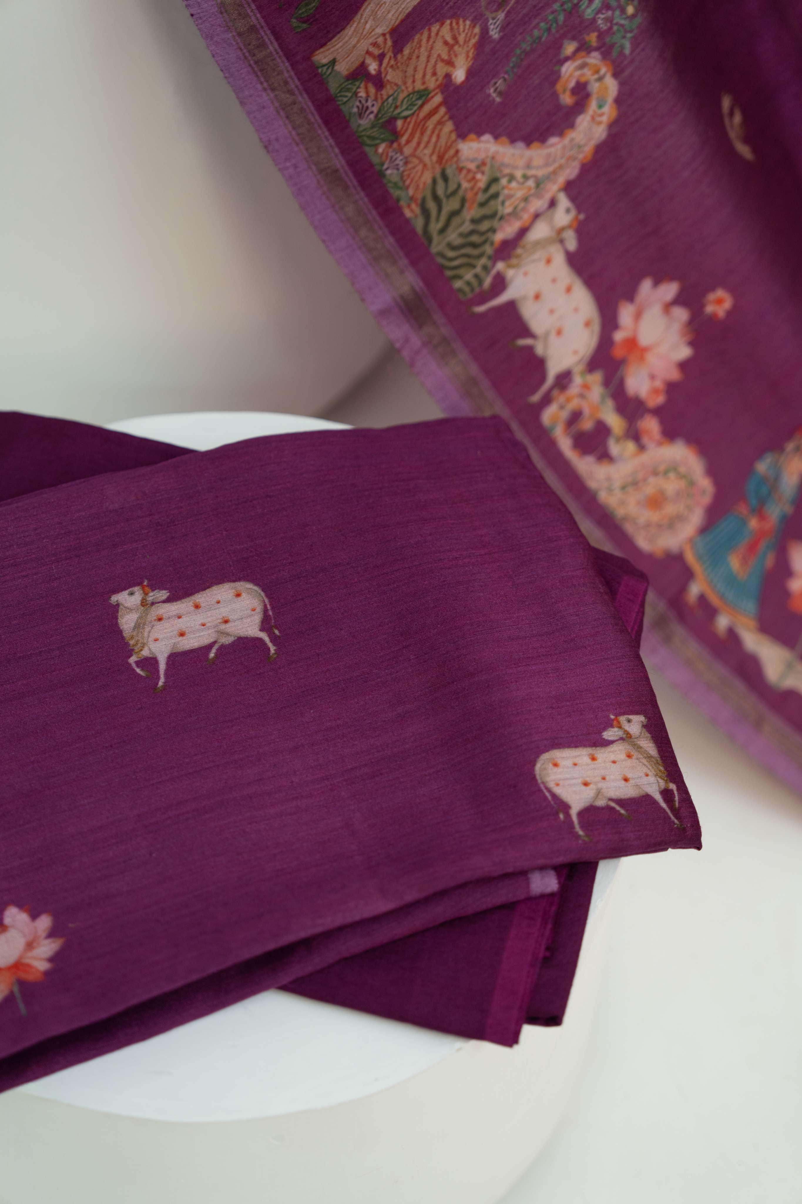 Dark Purple Moonga silk Pichwai Digital Print Suit Material