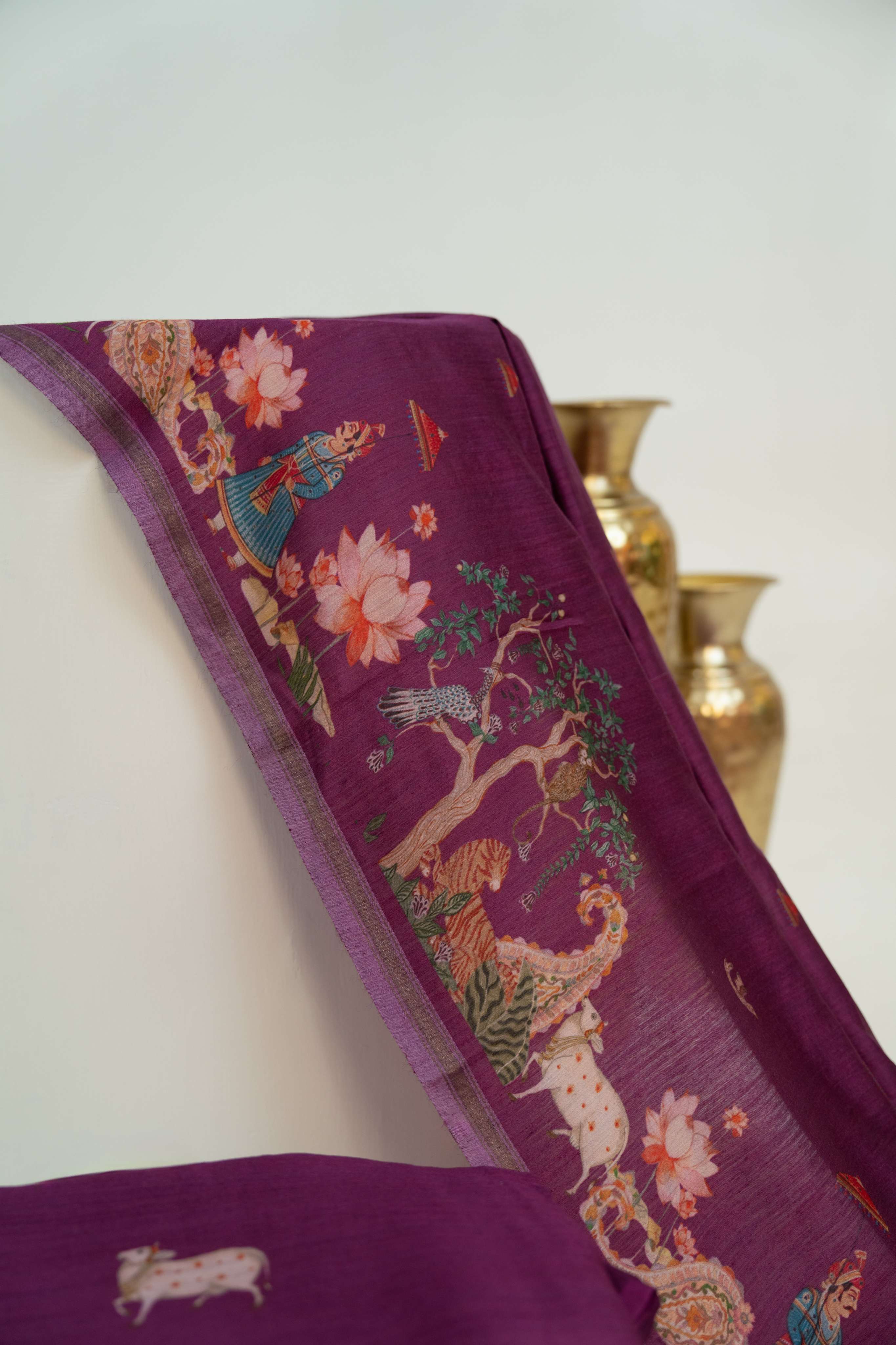 Dark Purple Moonga silk Pichwai Digital Print Suit Material