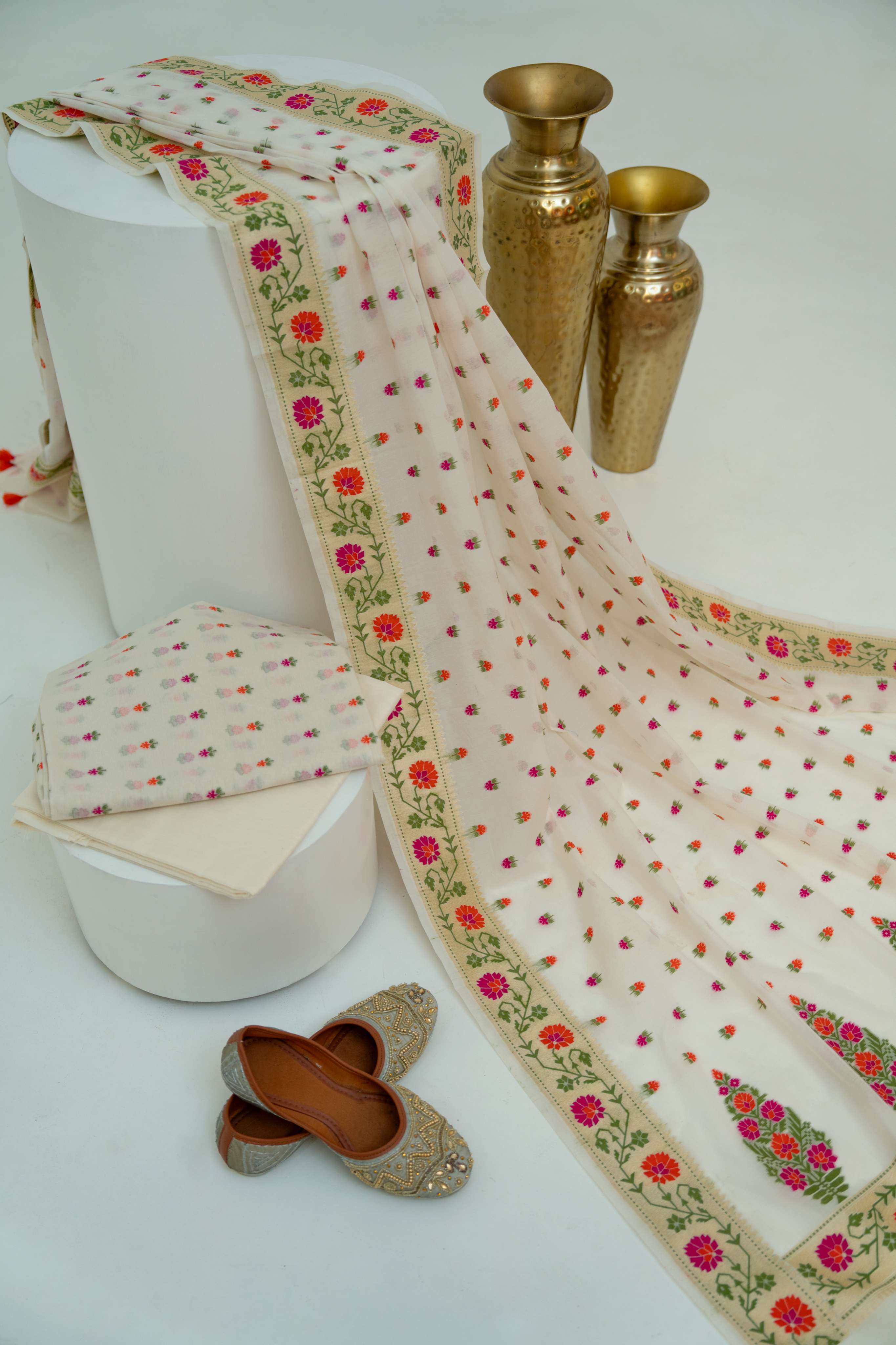 Offwhite Cotton  Dhakai Meenakari Weaving Suit Material