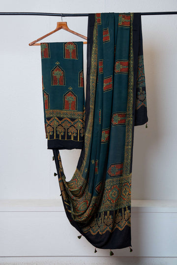 Dark Green Ajrakh Print Modaal Silk Kurta and Dupatta set