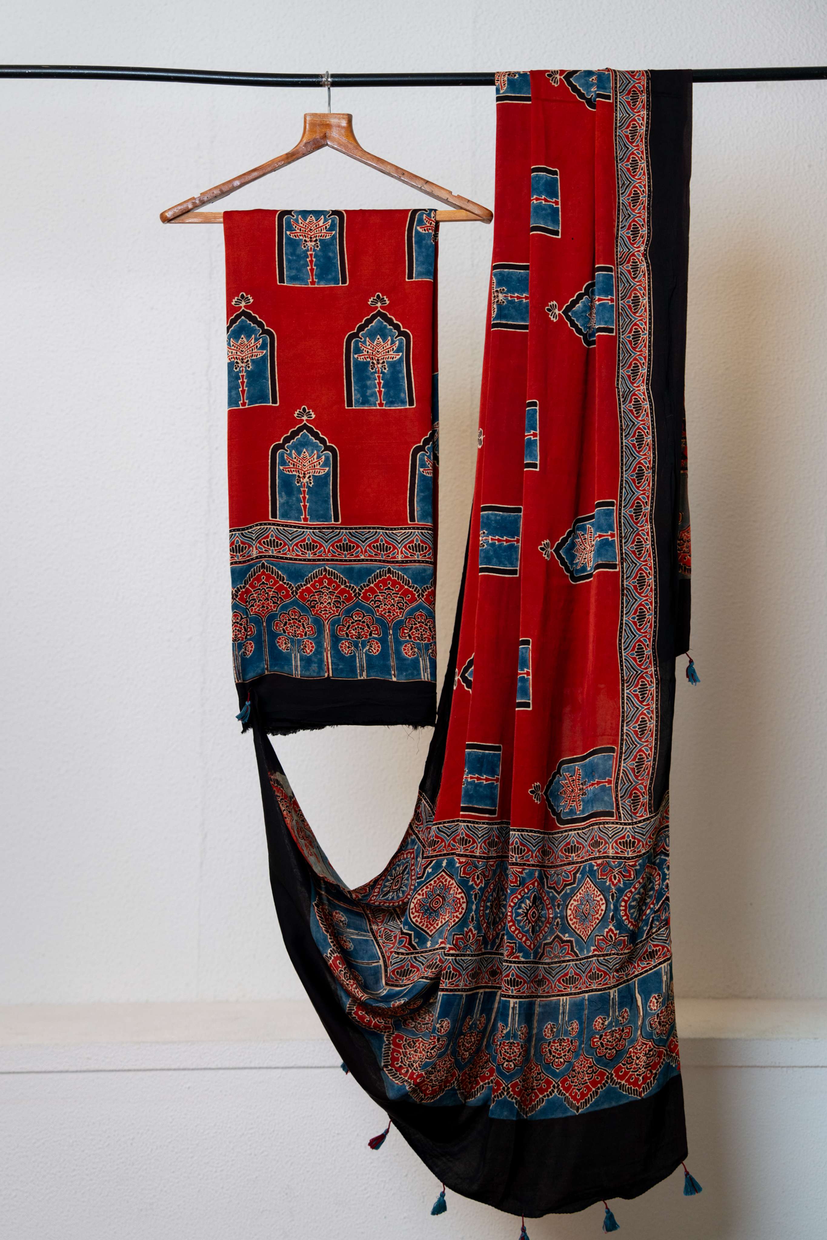 Deep Red Ajrakh Print Modaal Silk Kurta and Dupatta set