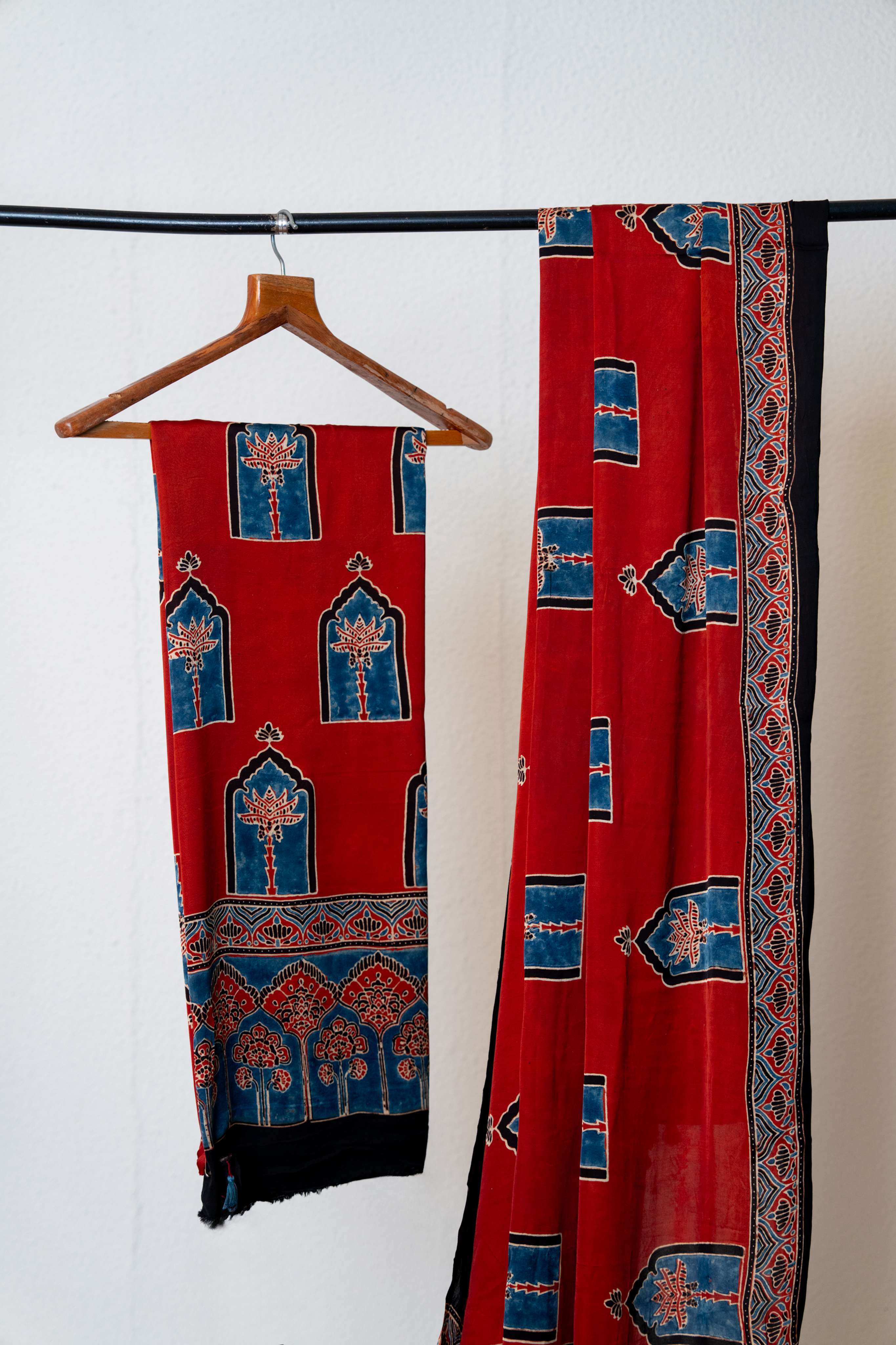 Deep Red Ajrakh Print Modaal Silk Kurta and Dupatta set