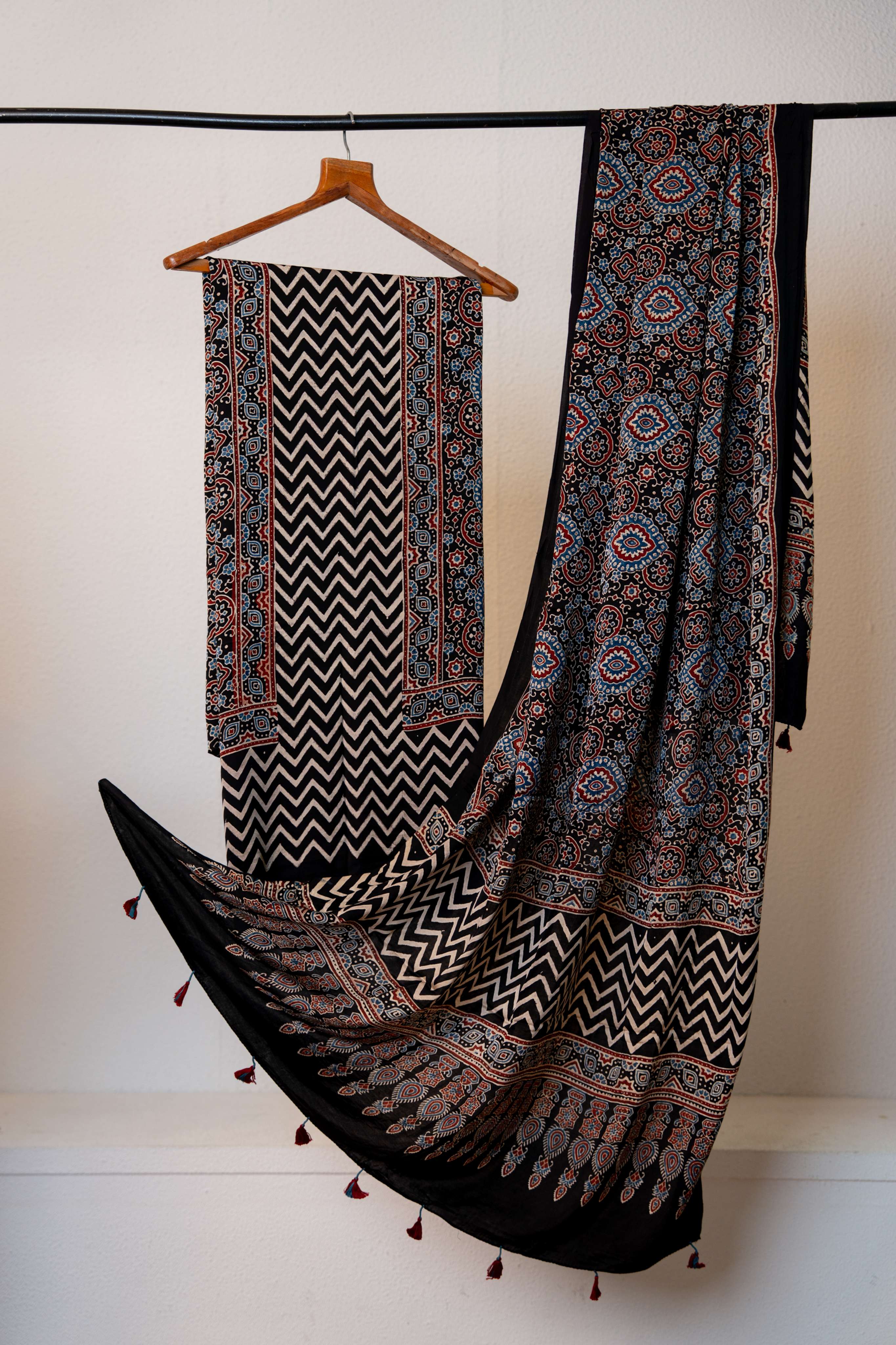 Black Ajrakh Print Modaal Silk Kurta and Dupatta set