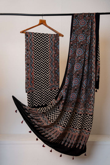 Black Ajrakh Print Modaal Silk Kurta and Dupatta set