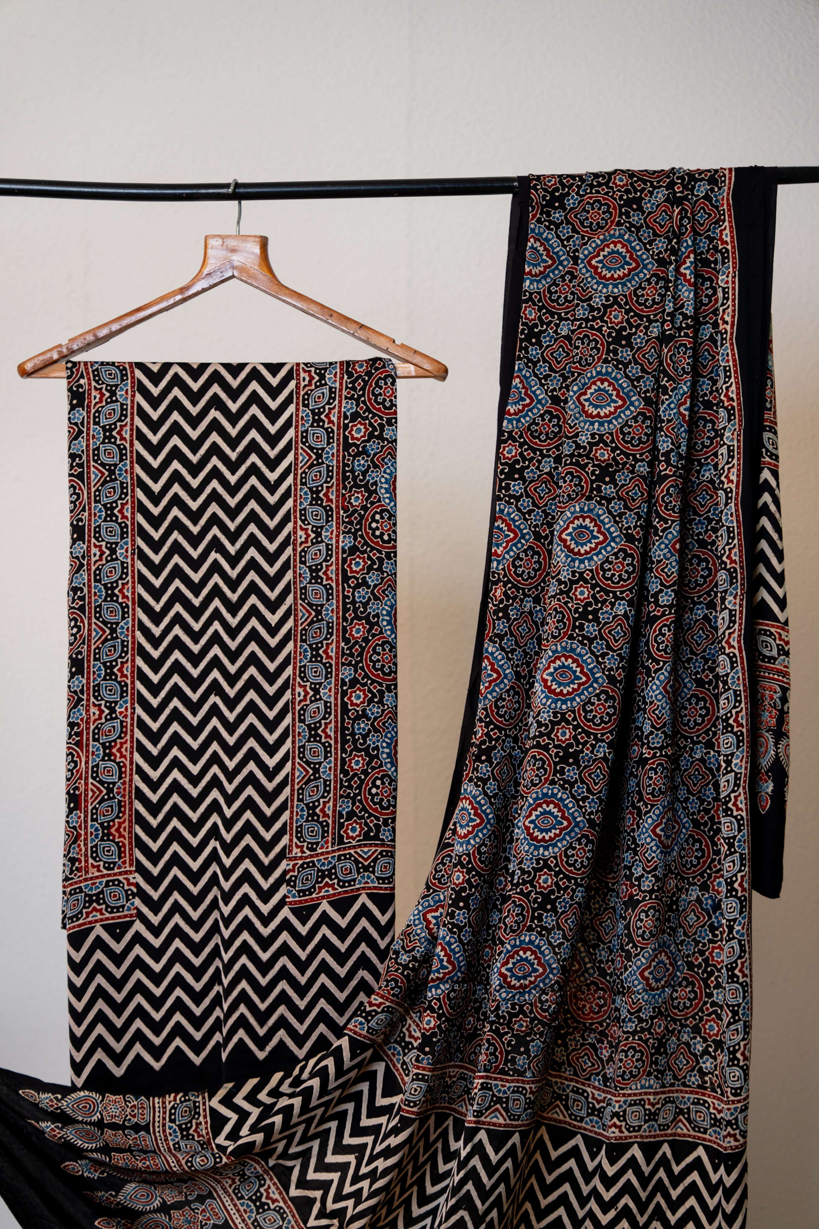 Black Ajrakh Print Modaal Silk Kurta and Dupatta set