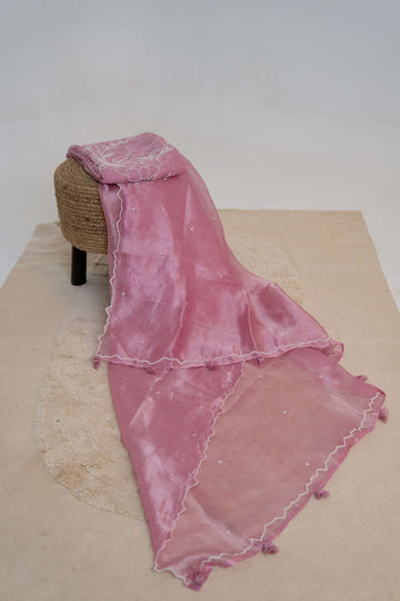 Aari Work on Pink Pure Crush Tissue Kurta and Dupatta with Bottom